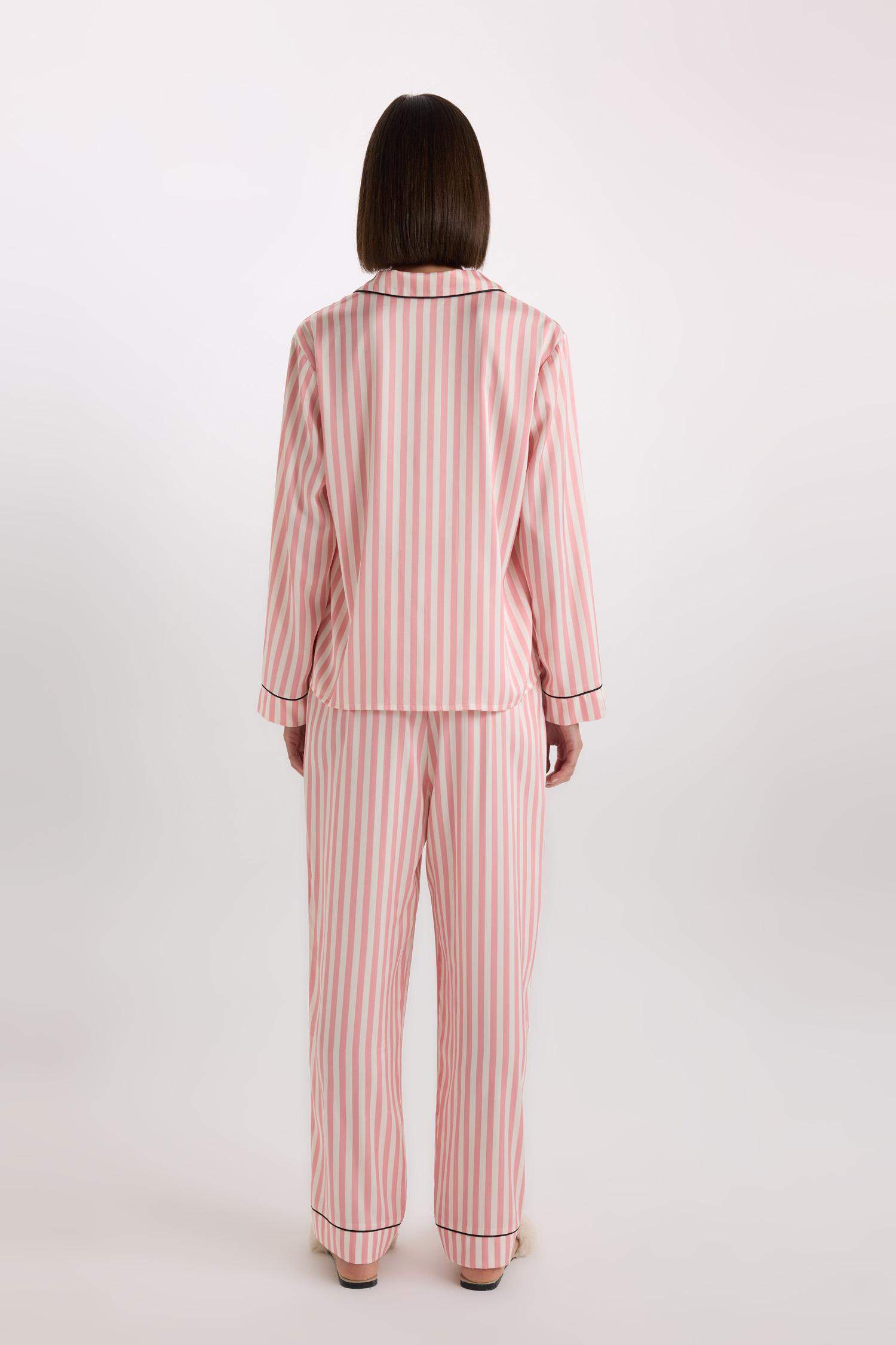 Pijama Takımı Uzun Kollu Çizgili Saten Üst Beli Lastikli Uzun Alt-Fall in Love