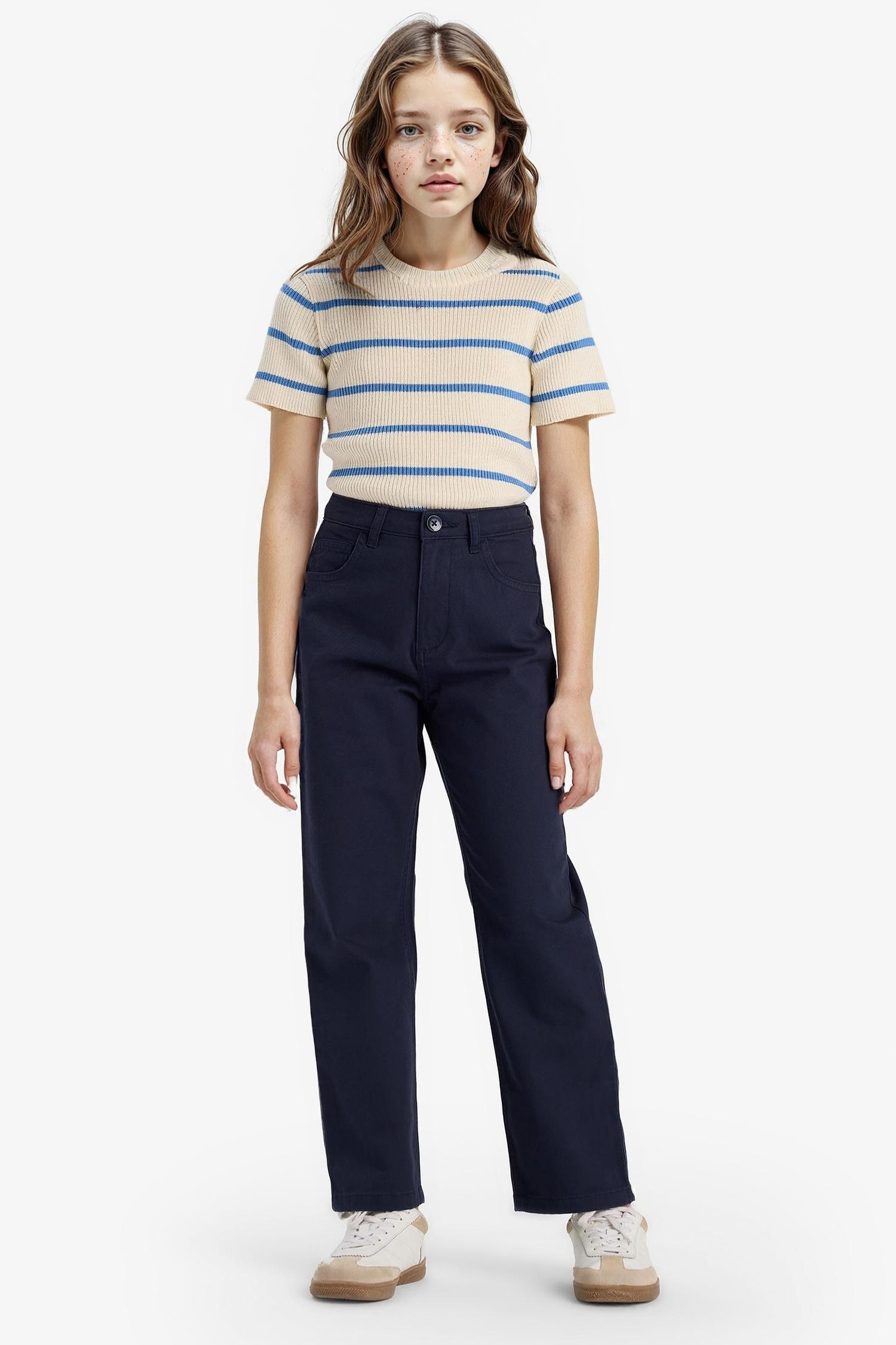 Kız Çocuk Straight Fit Geniş Bol Paça Cepli Pamuklu Okul Pantolonu