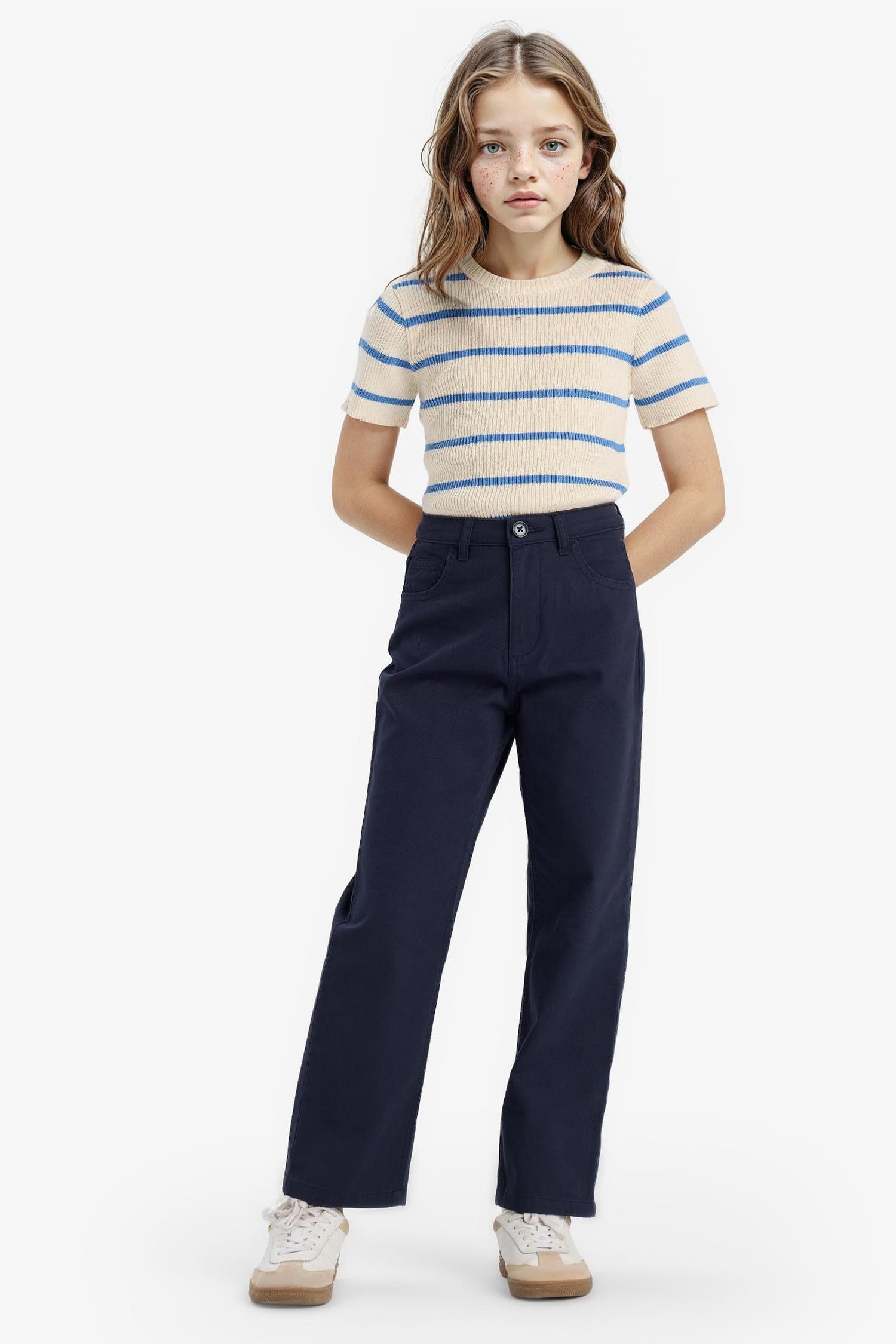 Kız Çocuk Straight Fit Geniş Bol Paça Cepli Pamuklu Okul Pantolonu