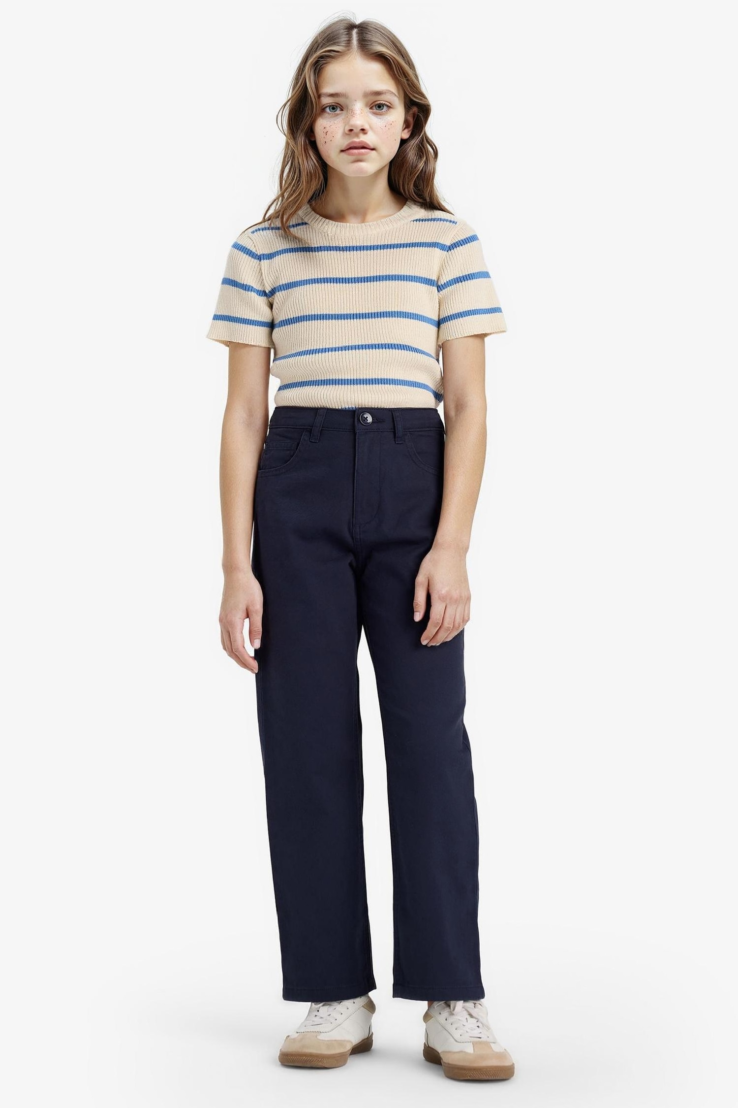 Kız Çocuk Straight Fit Geniş Bol Paça Cepli Pamuklu Okul Pantolonu