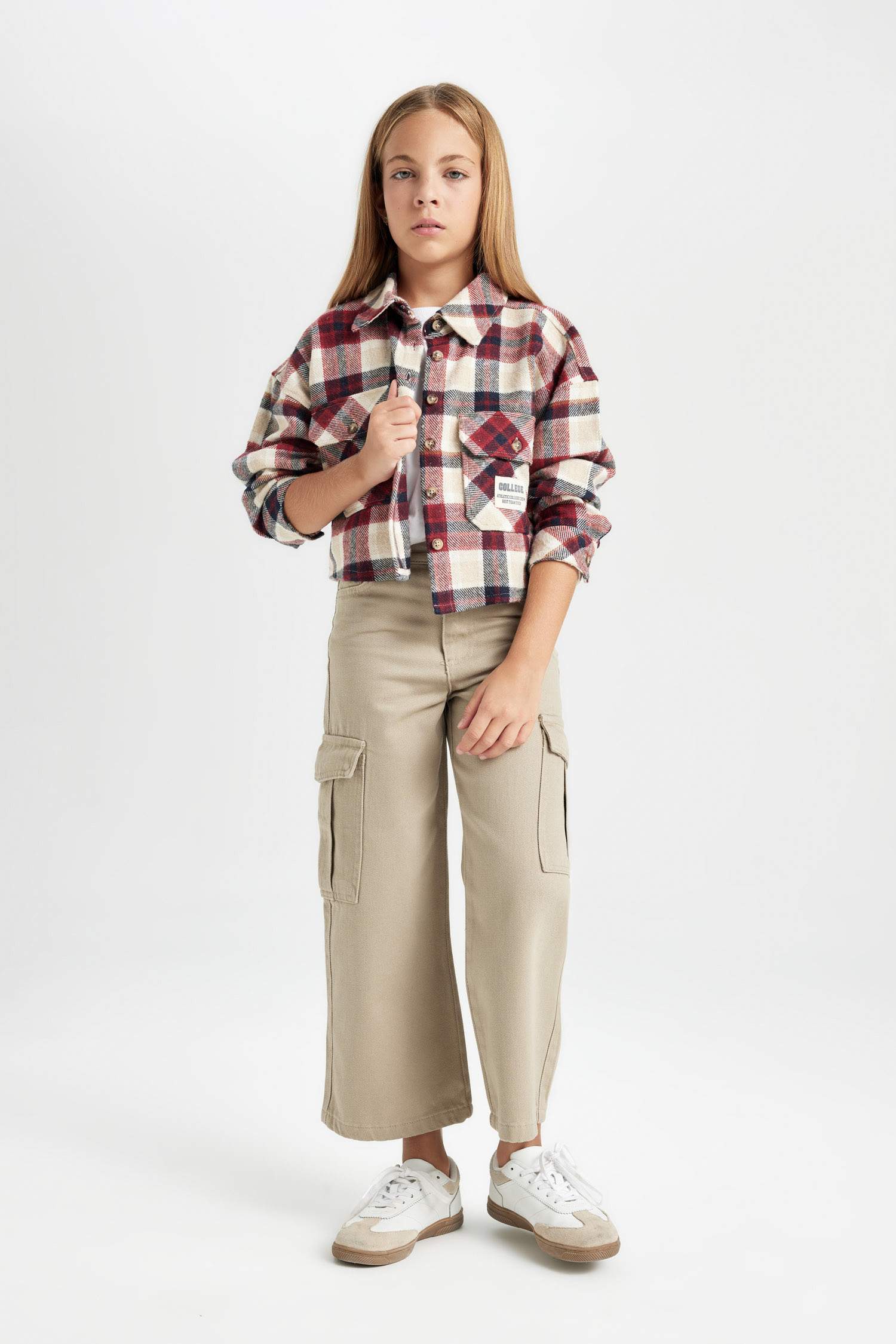 Kız Çocuk Relax Fit Kareli Uzun Kollu Crop Gömlek