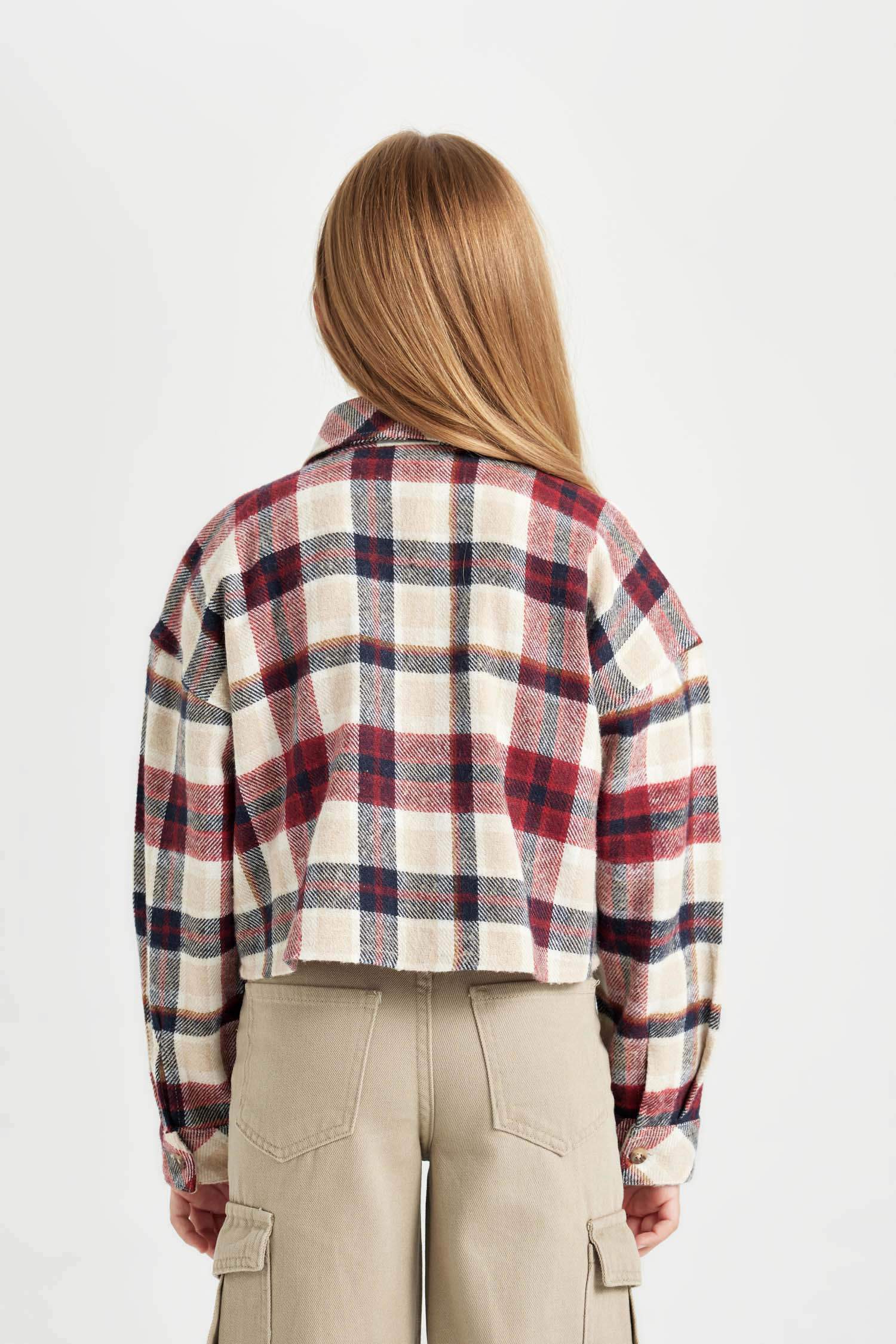 Kız Çocuk Relax Fit Kareli Uzun Kollu Crop Gömlek