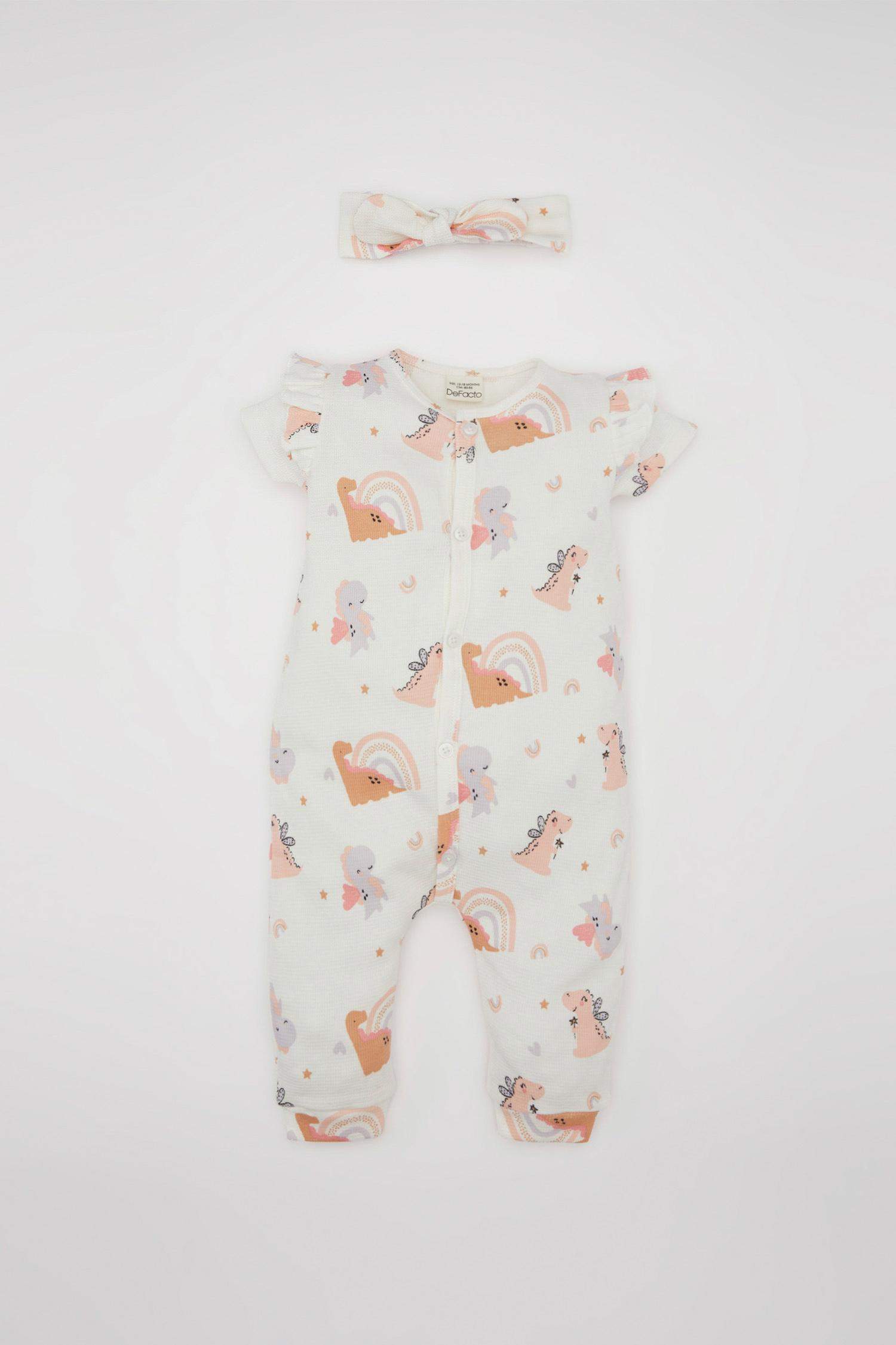 Kız Bebek Yenidoğan 2'li Takım Dinozor Baskılı Kısa Kollu Waffle Tulum Bandana