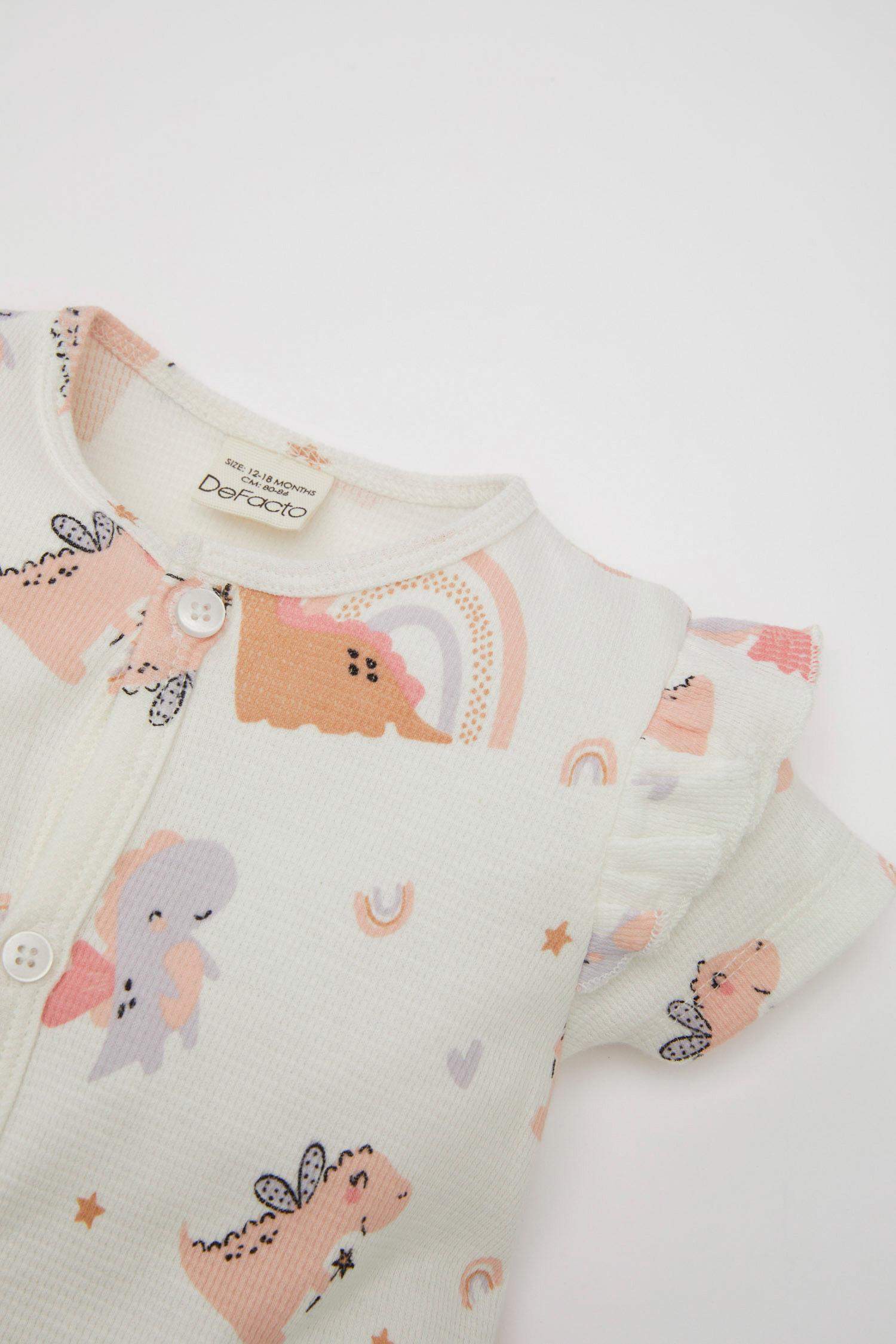 Kız Bebek Yenidoğan 2'li Takım Dinozor Baskılı Kısa Kollu Waffle Tulum Bandana