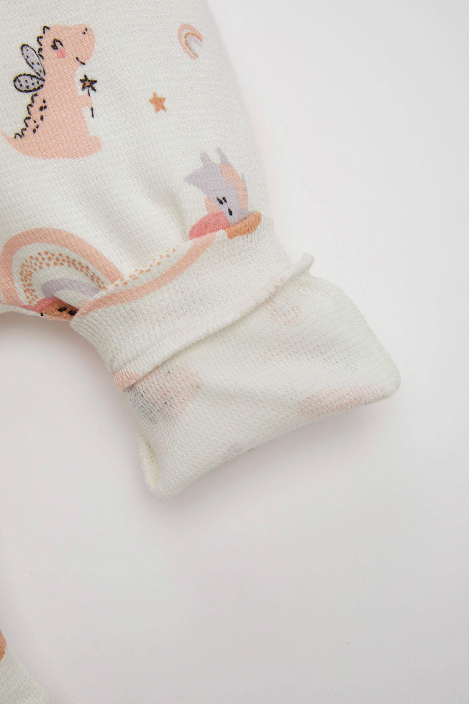 Kız Bebek Yenidoğan 2'li Takım Dinozor Baskılı Kısa Kollu Waffle Tulum Bandana