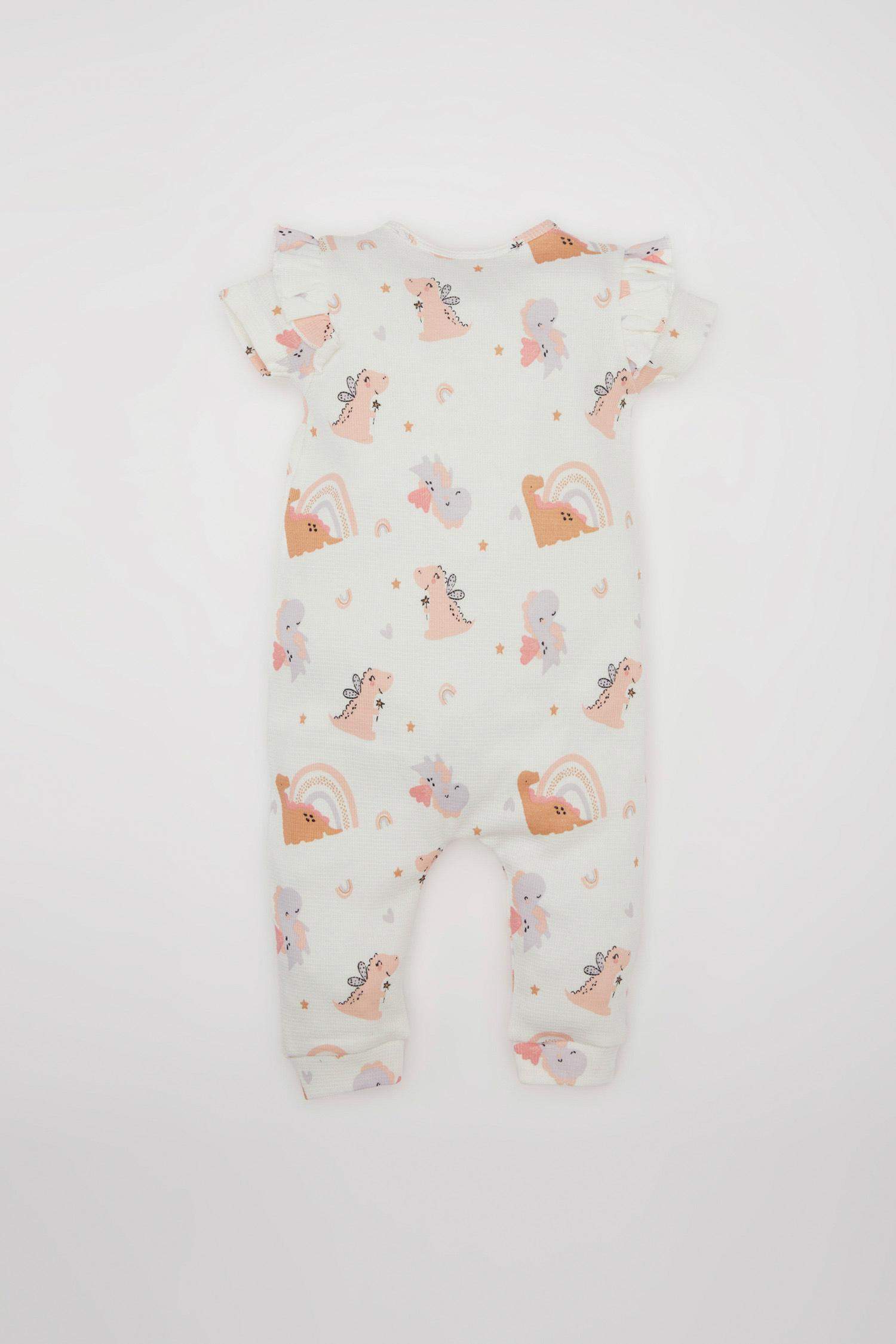 Kız Bebek Yenidoğan 2'li Takım Dinozor Baskılı Kısa Kollu Waffle Tulum Bandana