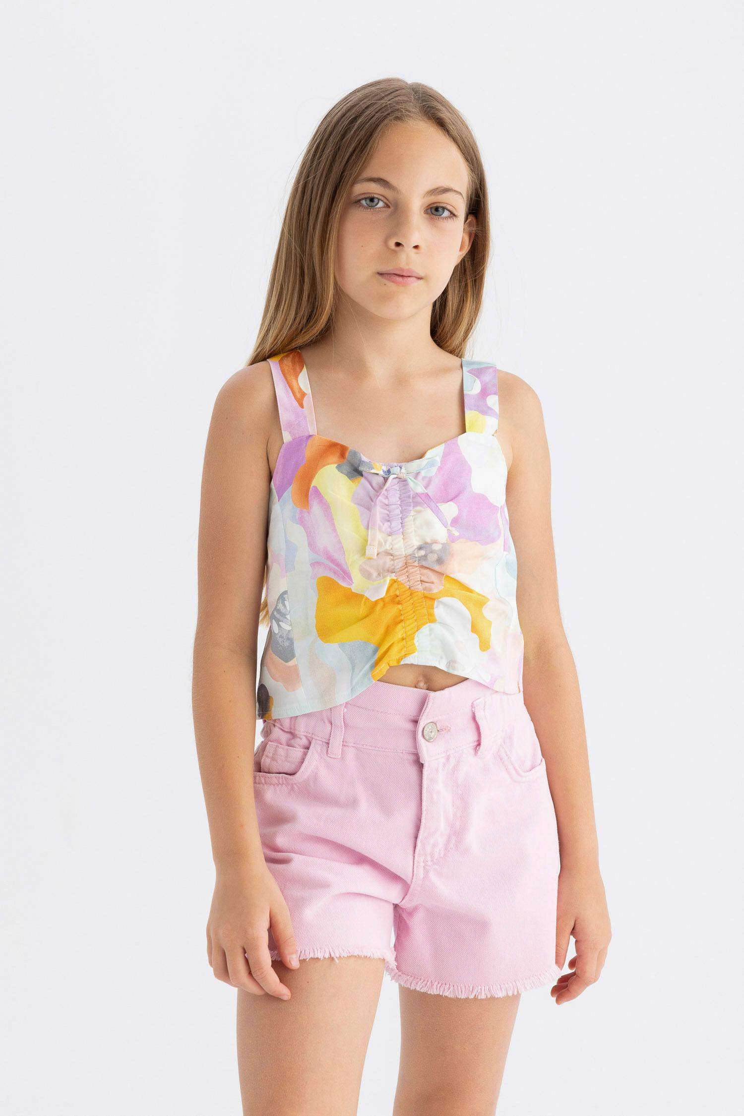 Kız Çocuk Askılı Desenli Bluz