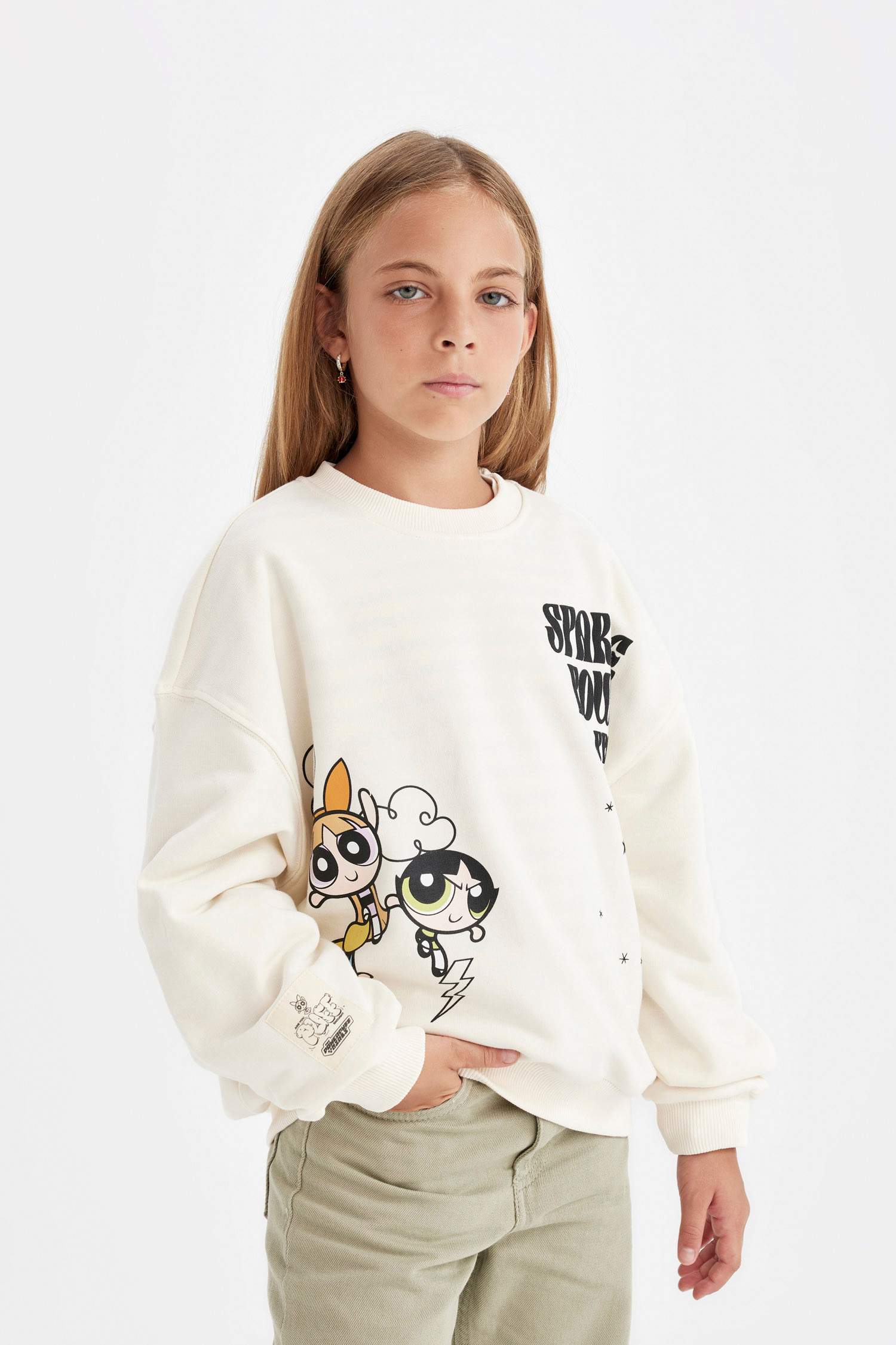 Kız Çocuk PowerPuff Girls Oversize Geniş Kalıp Bisiklet Yaka Sweatshirt