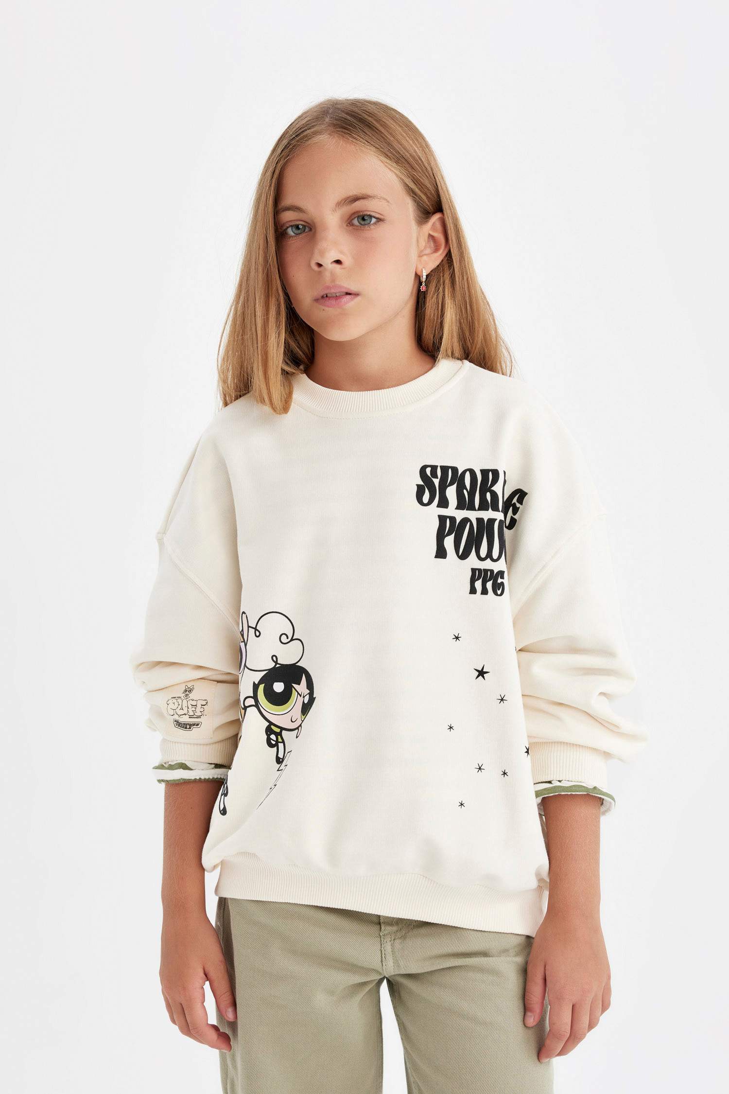 Kız Çocuk PowerPuff Girls Oversize Geniş Kalıp Bisiklet Yaka Sweatshirt