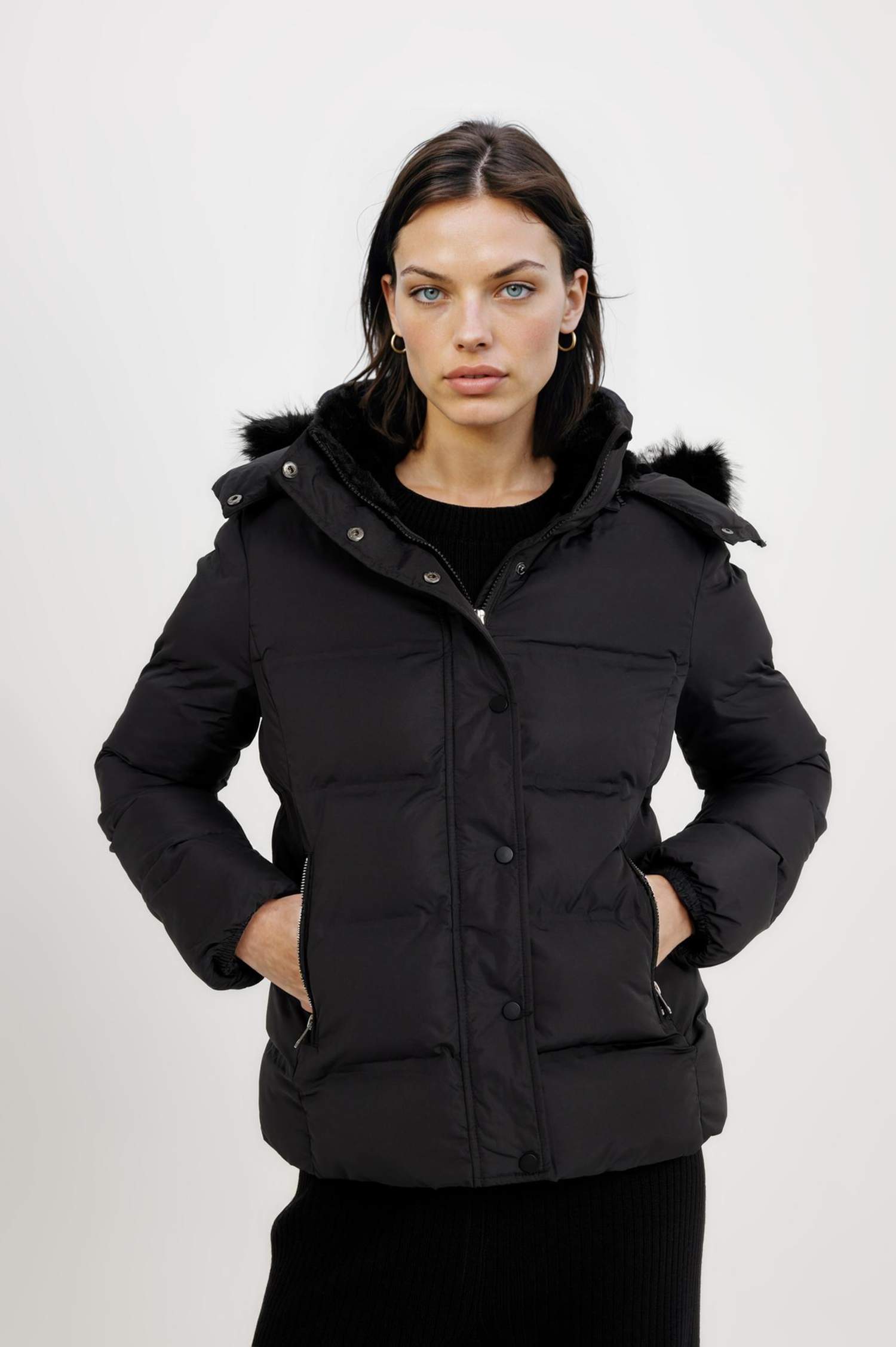 Waterproof Hooded Zipper Snap Closure Puffer Jacket