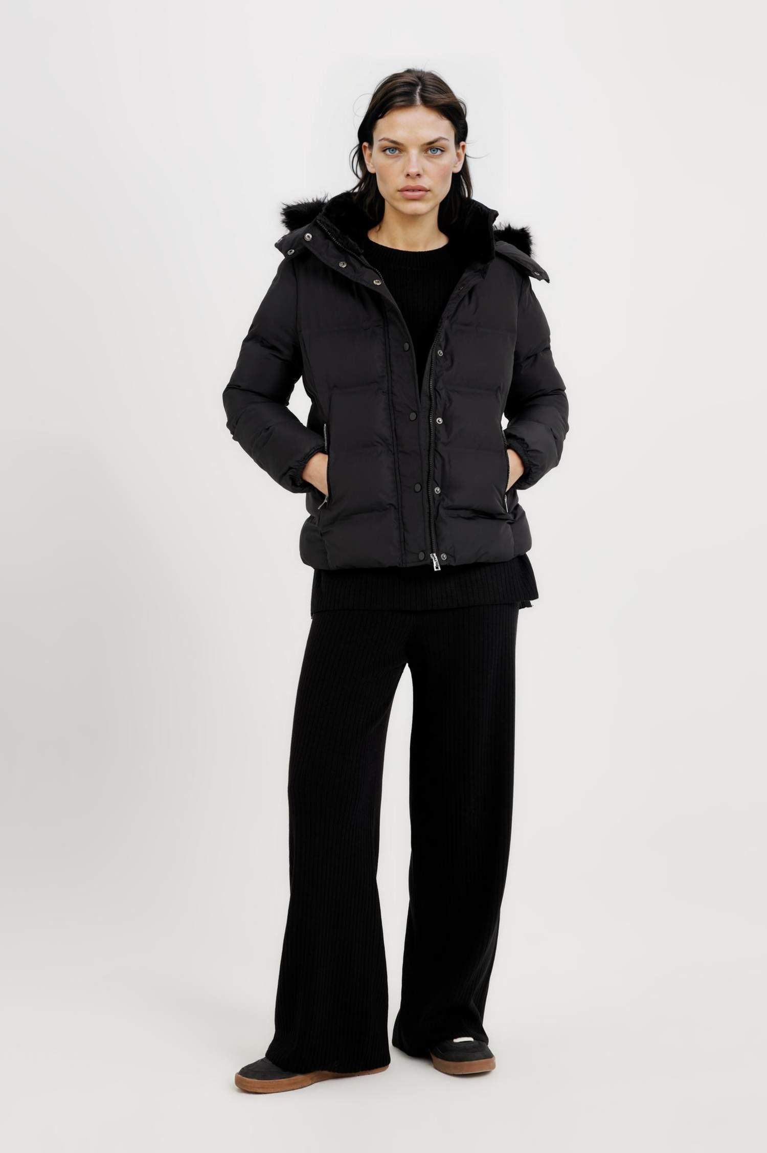 Waterproof Hooded Zipper Snap Closure Puffer Jacket