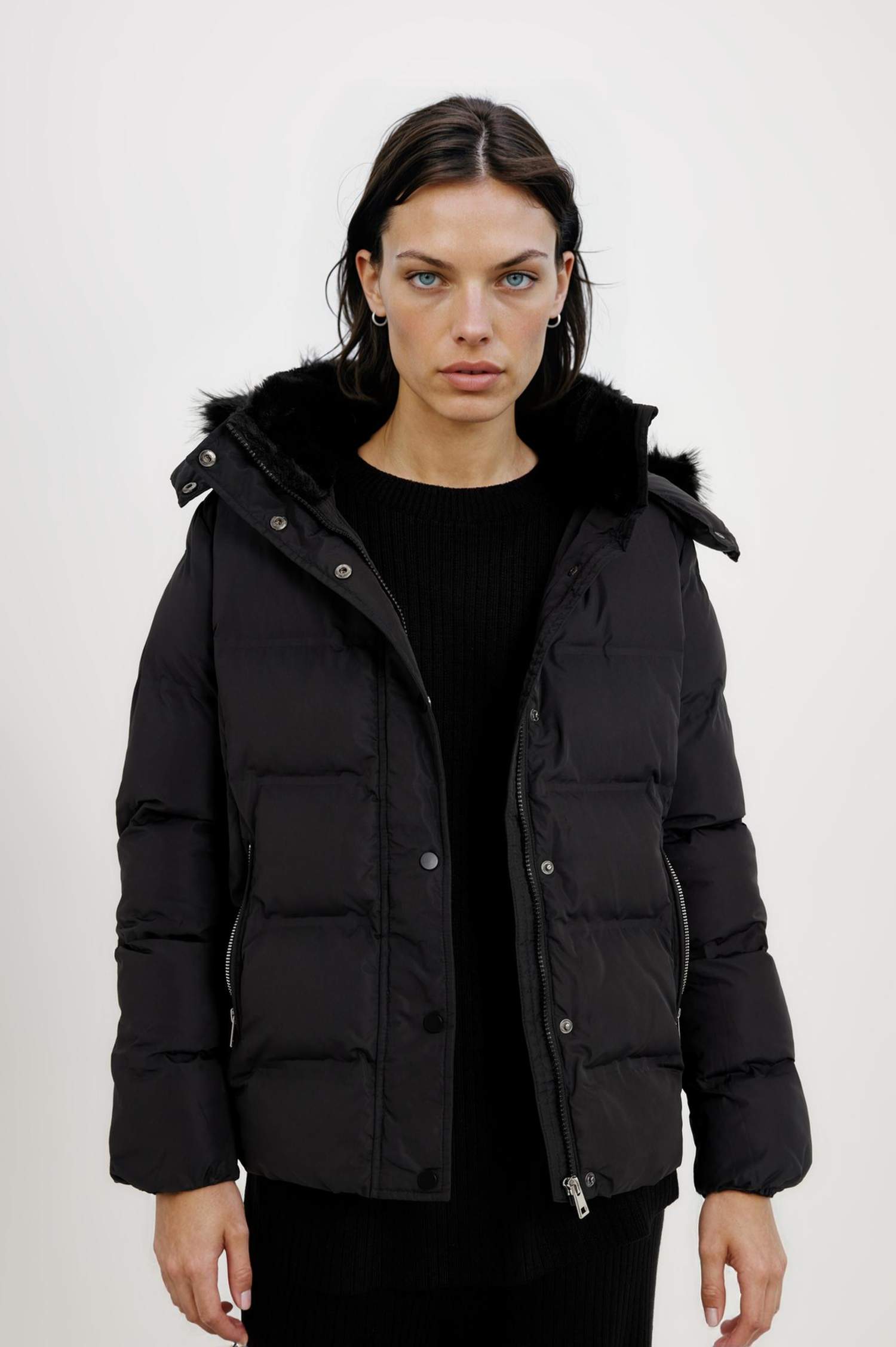 Waterproof Hooded Zipper Snap Closure Puffer Jacket