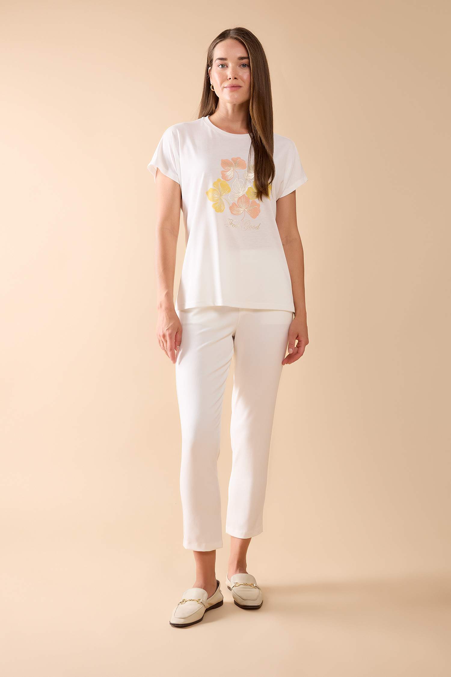 T-Shirt Fleuri à Manches Courtes à Col Rond