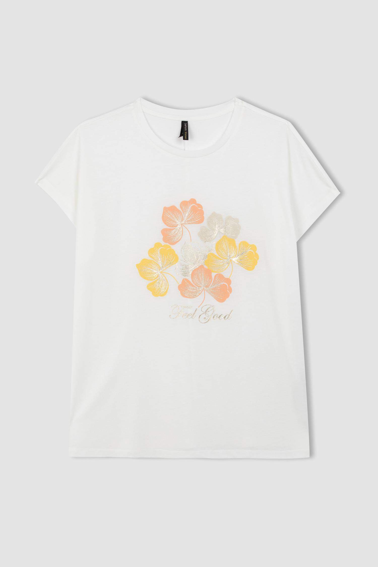 T-Shirt Fleuri à Manches Courtes à Col Rond