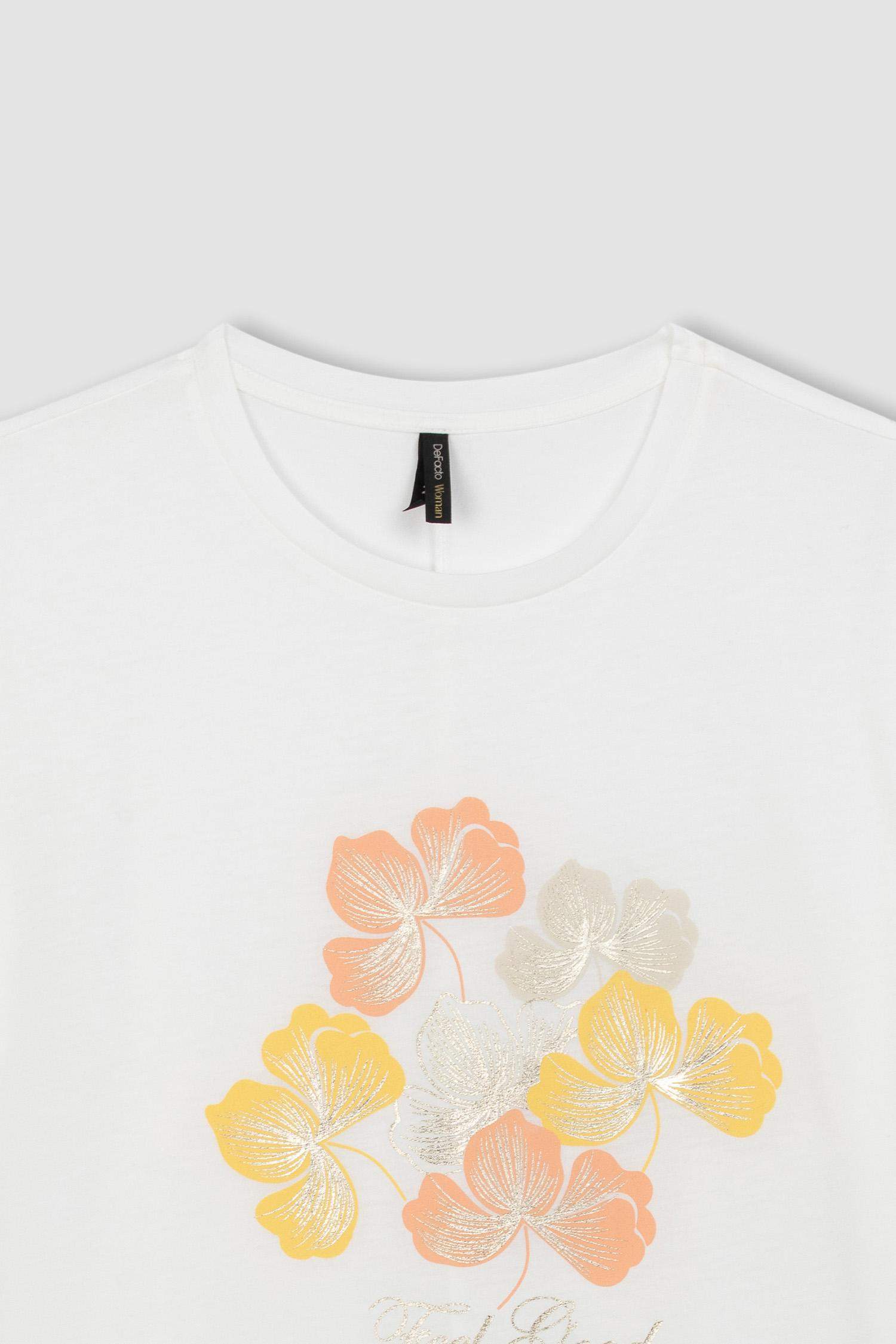 T-Shirt Fleuri à Manches Courtes à Col Rond