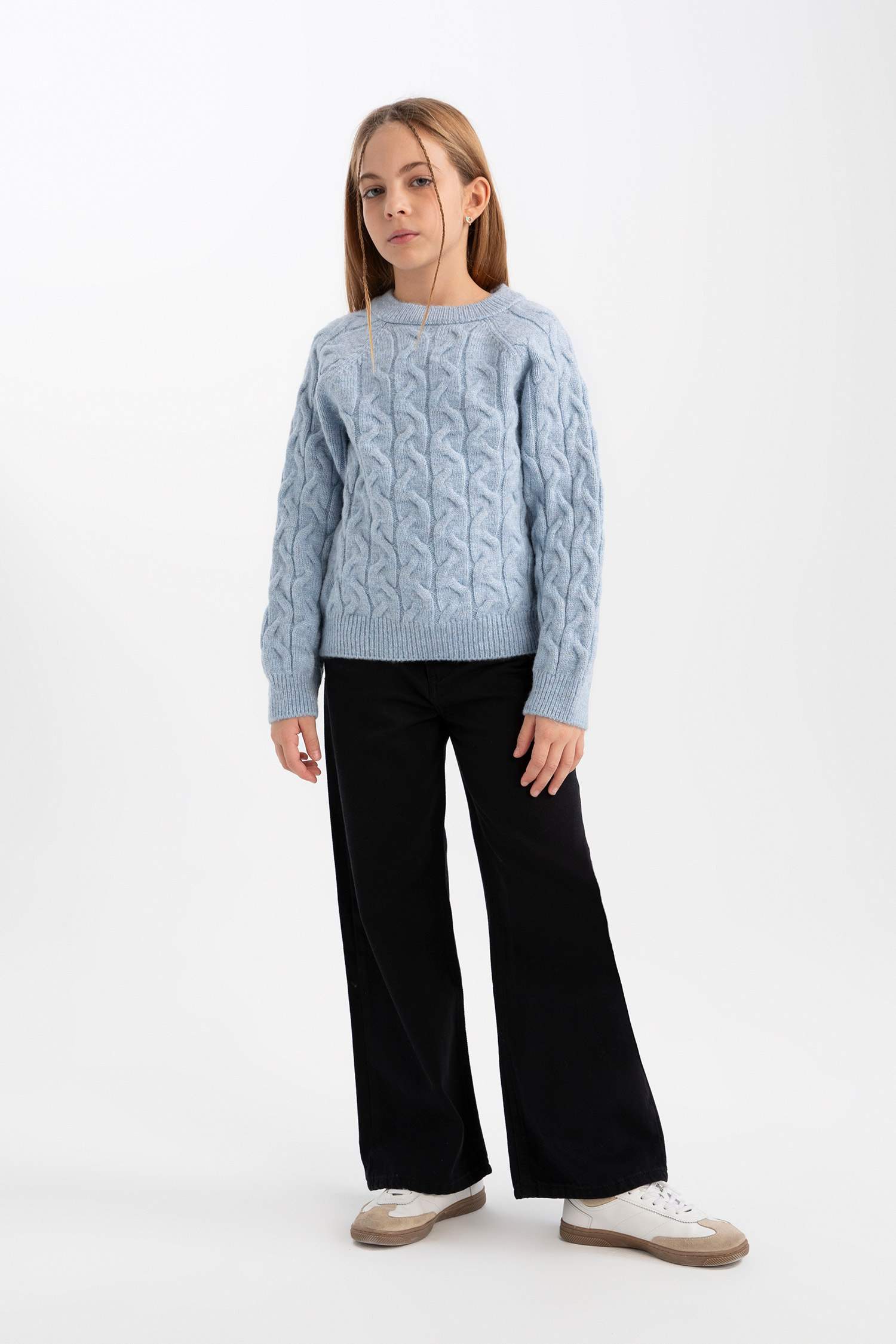 Kız Çocuk Standart Fit Bisiklet Yaka Saç Örgülü Triko Kazak