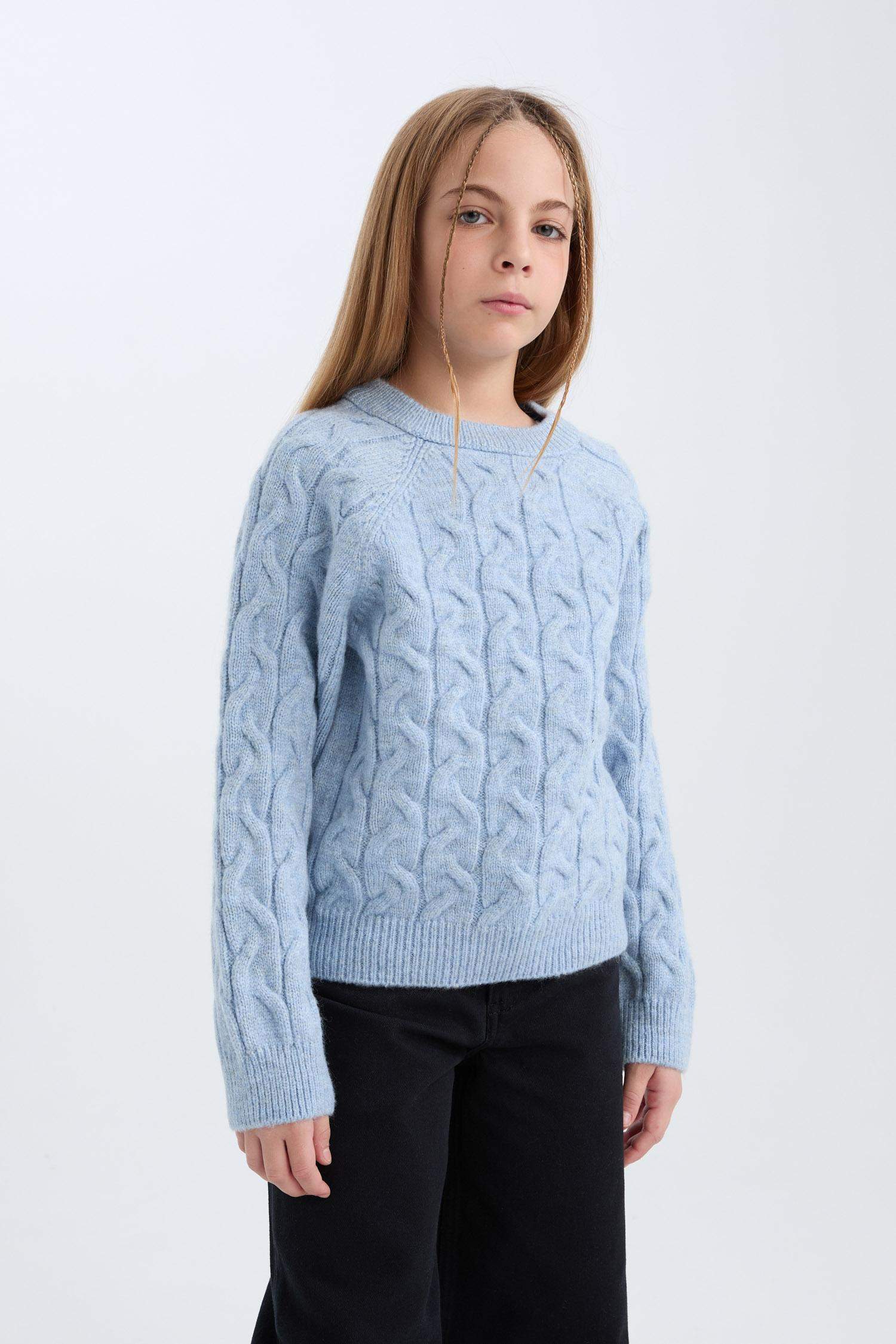 Kız Çocuk Standart Fit Bisiklet Yaka Saç Örgülü Triko Kazak