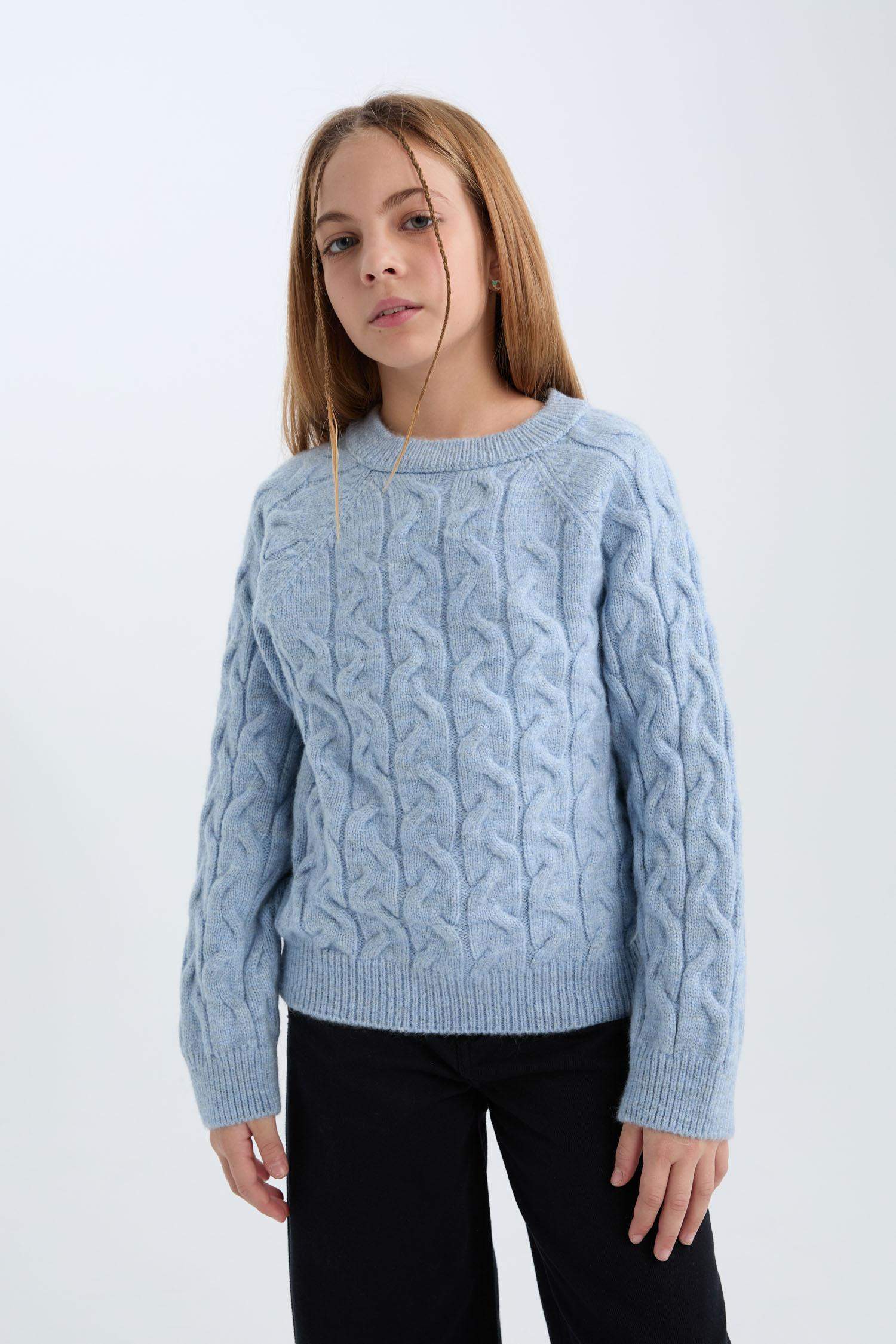 Kız Çocuk Standart Fit Bisiklet Yaka Saç Örgülü Triko Kazak