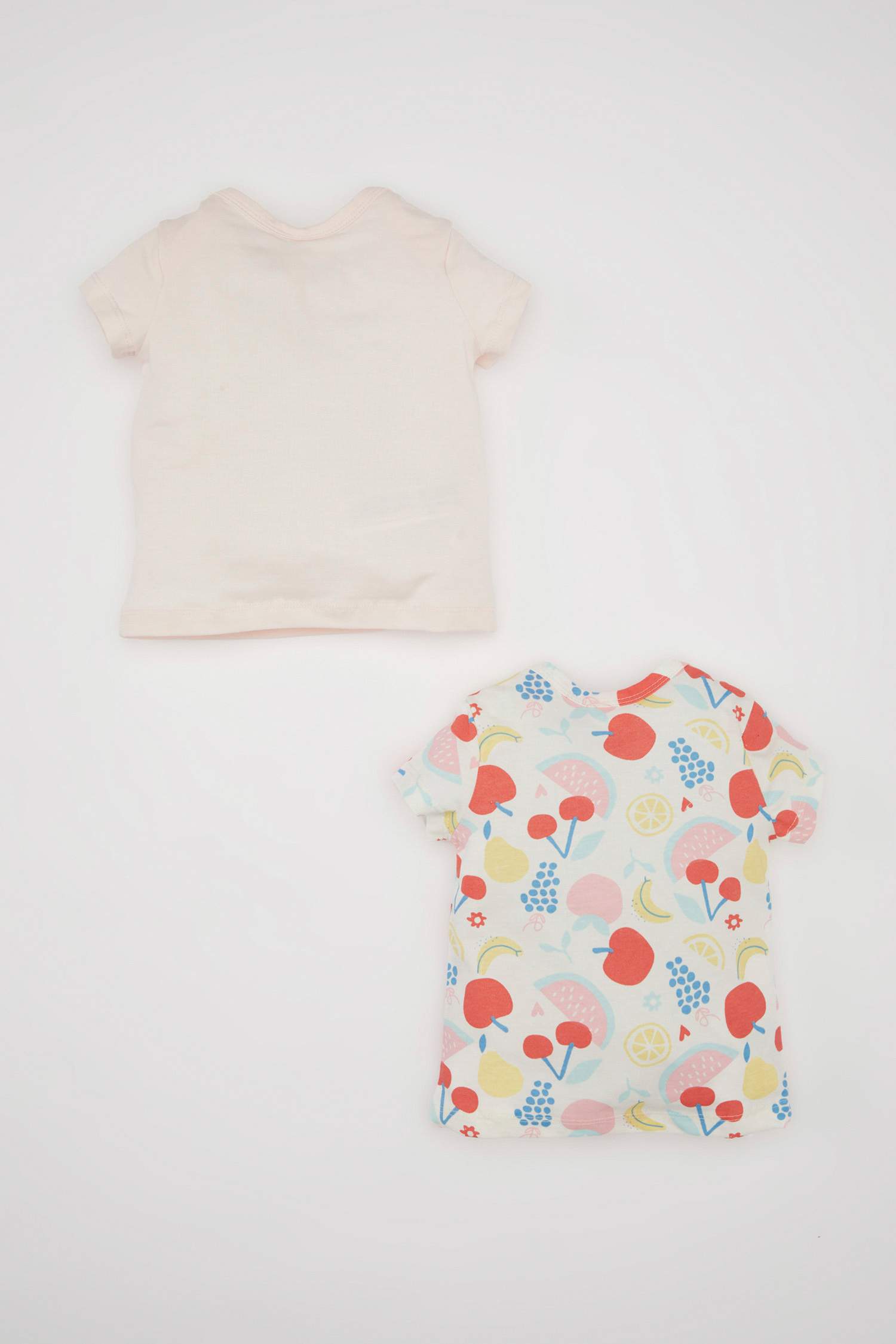 Kız Bebek Yenidoğan Zarf Yaka Meyve Desenli Penye 2'li Kısa Kollu Tişört