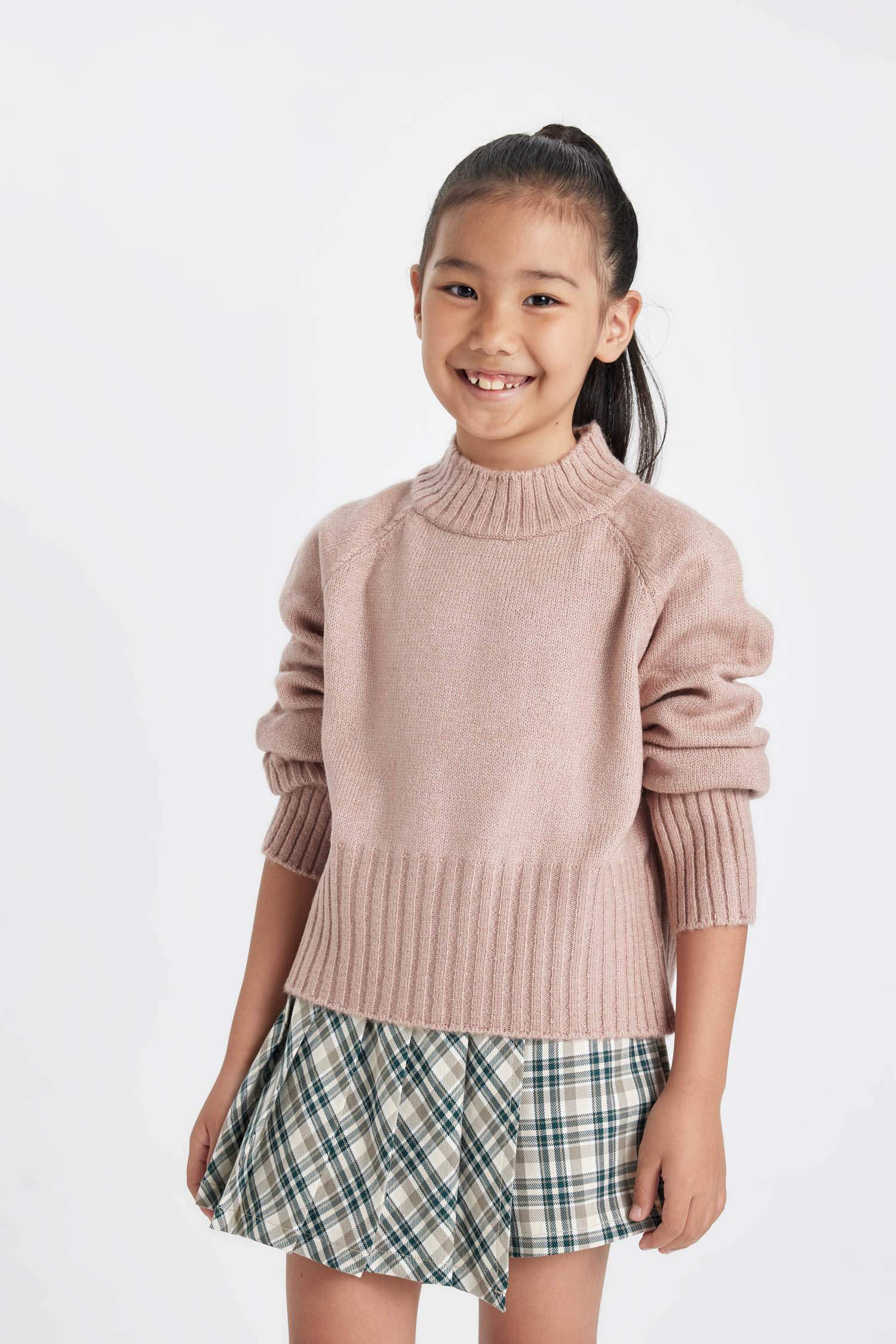 Kız Çocuk Bej Standart Fit Bisiklet Yaka Triko Kazak