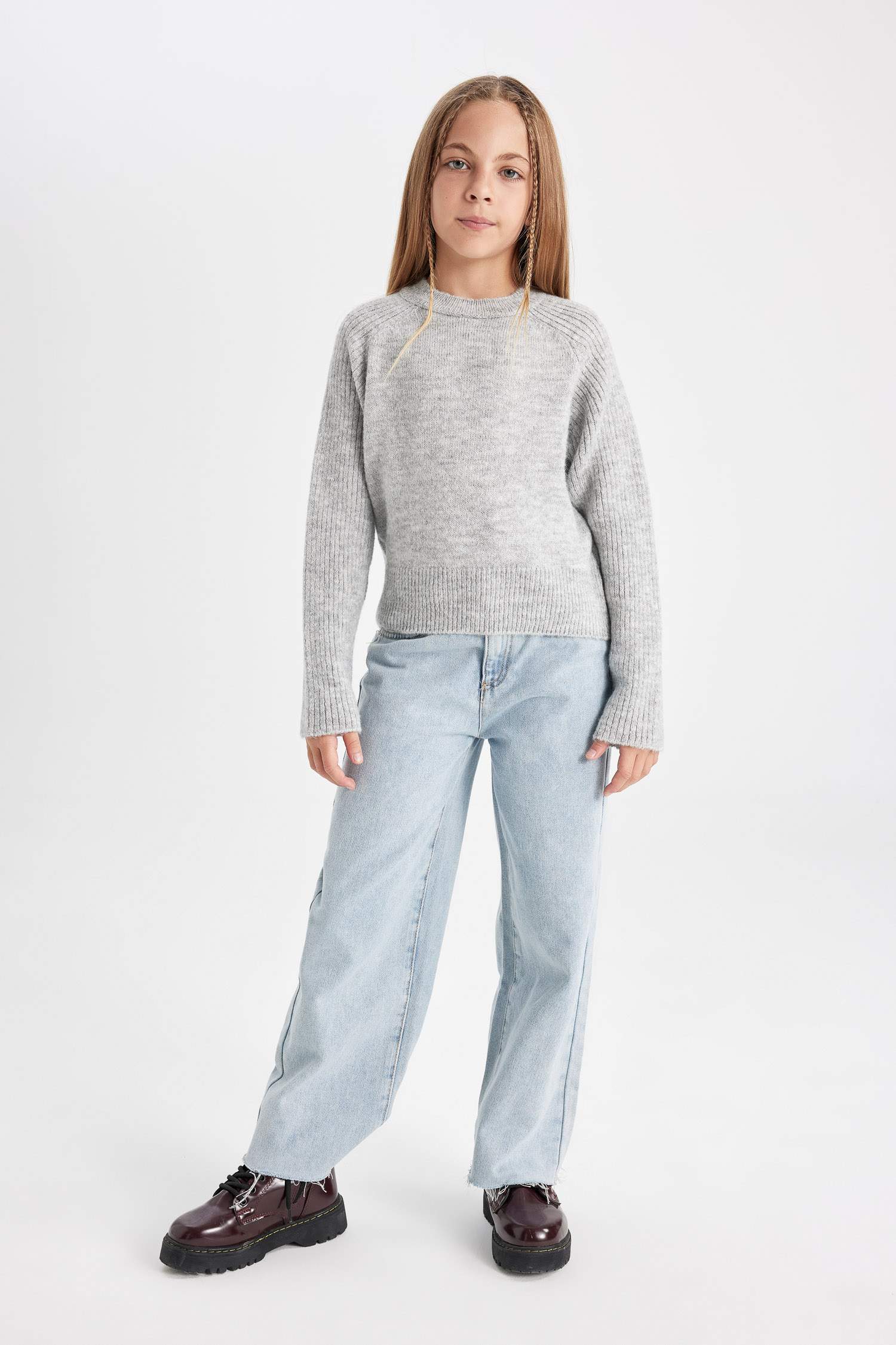 Kız Çocuk Gri Bisiklet Yaka Basic Düz Triko Kazak