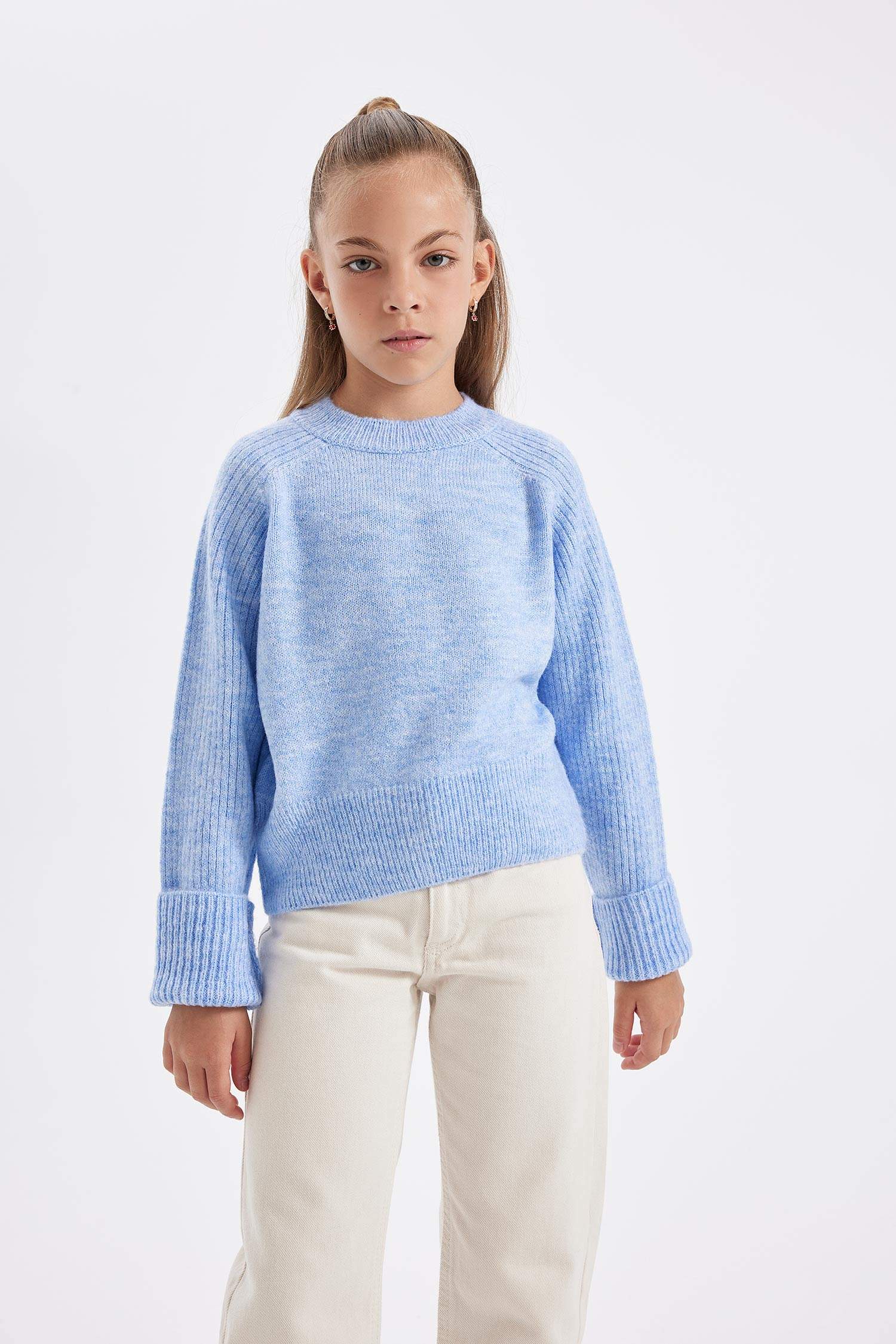 Kız Çocuk Bisiklet Yaka Basic Düz Triko Kazak