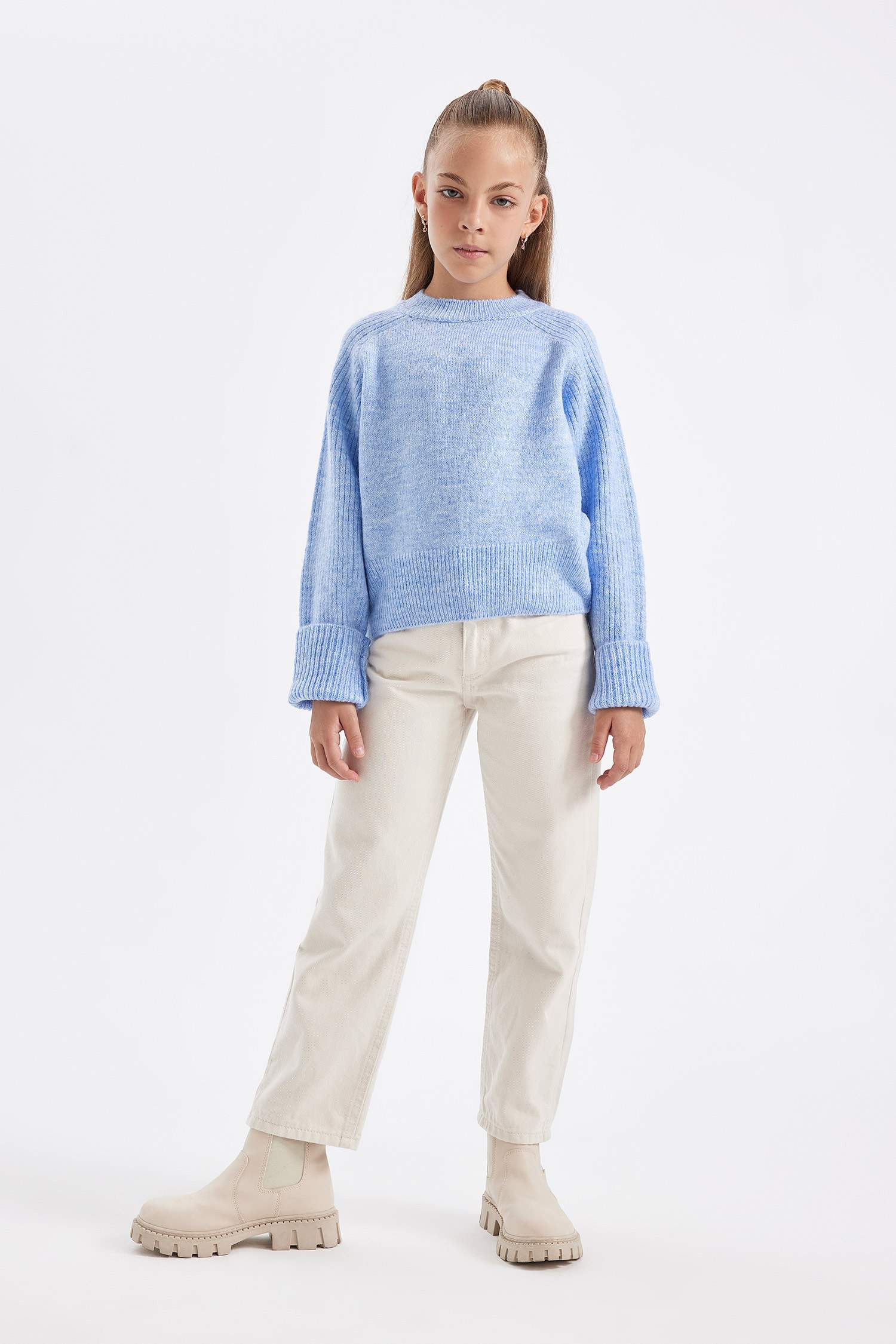 Kız Çocuk Bisiklet Yaka Basic Düz Triko Kazak