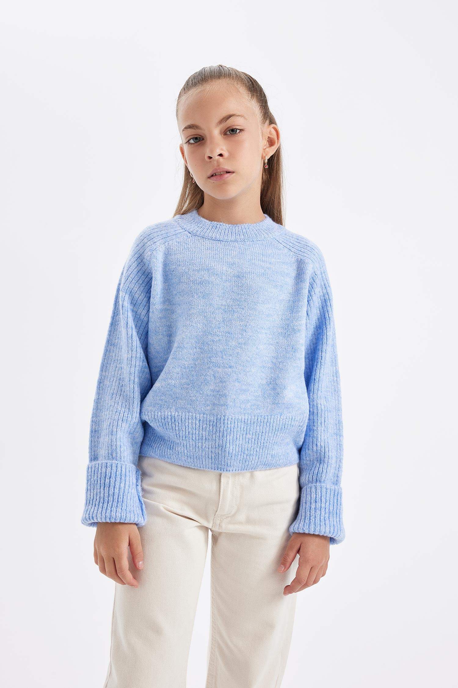 Kız Çocuk Bisiklet Yaka Basic Düz Triko Kazak