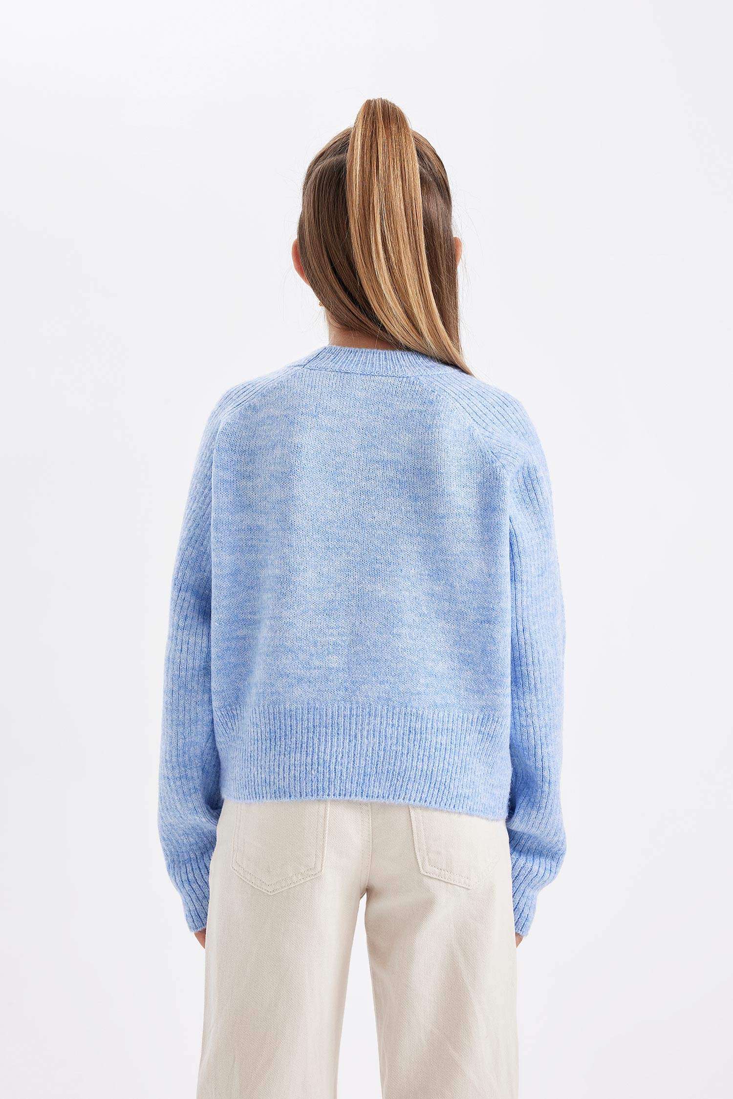 Kız Çocuk Bisiklet Yaka Basic Düz Triko Kazak