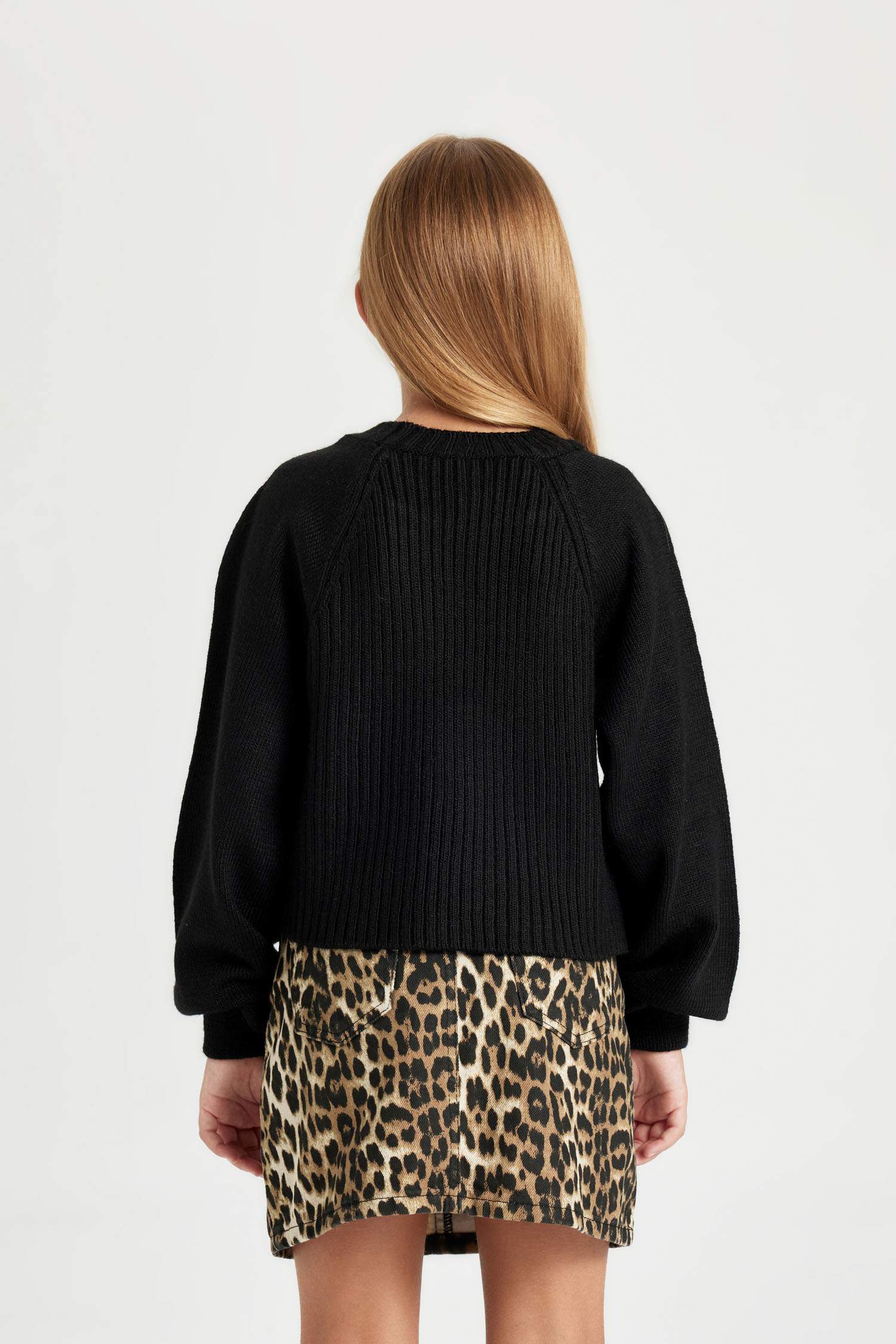 Kız Çocuk Siyah Standart Fit Bisiklet Yaka Örgü Desenli Triko Kazak