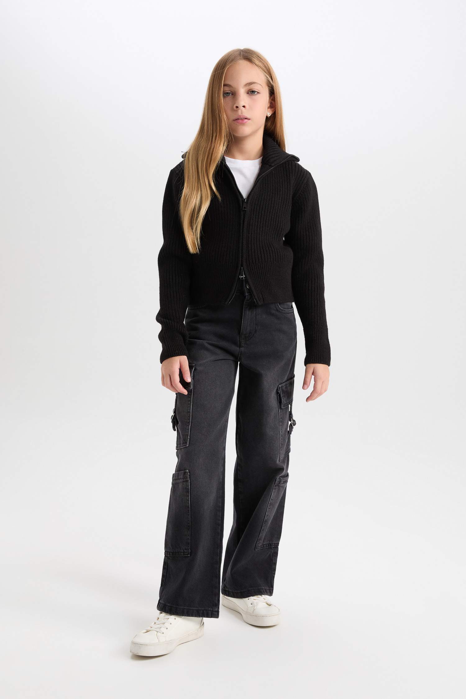 Kız Çocuk Basic Düz Dik Yaka Fermuarlı Siyah Triko Hırka