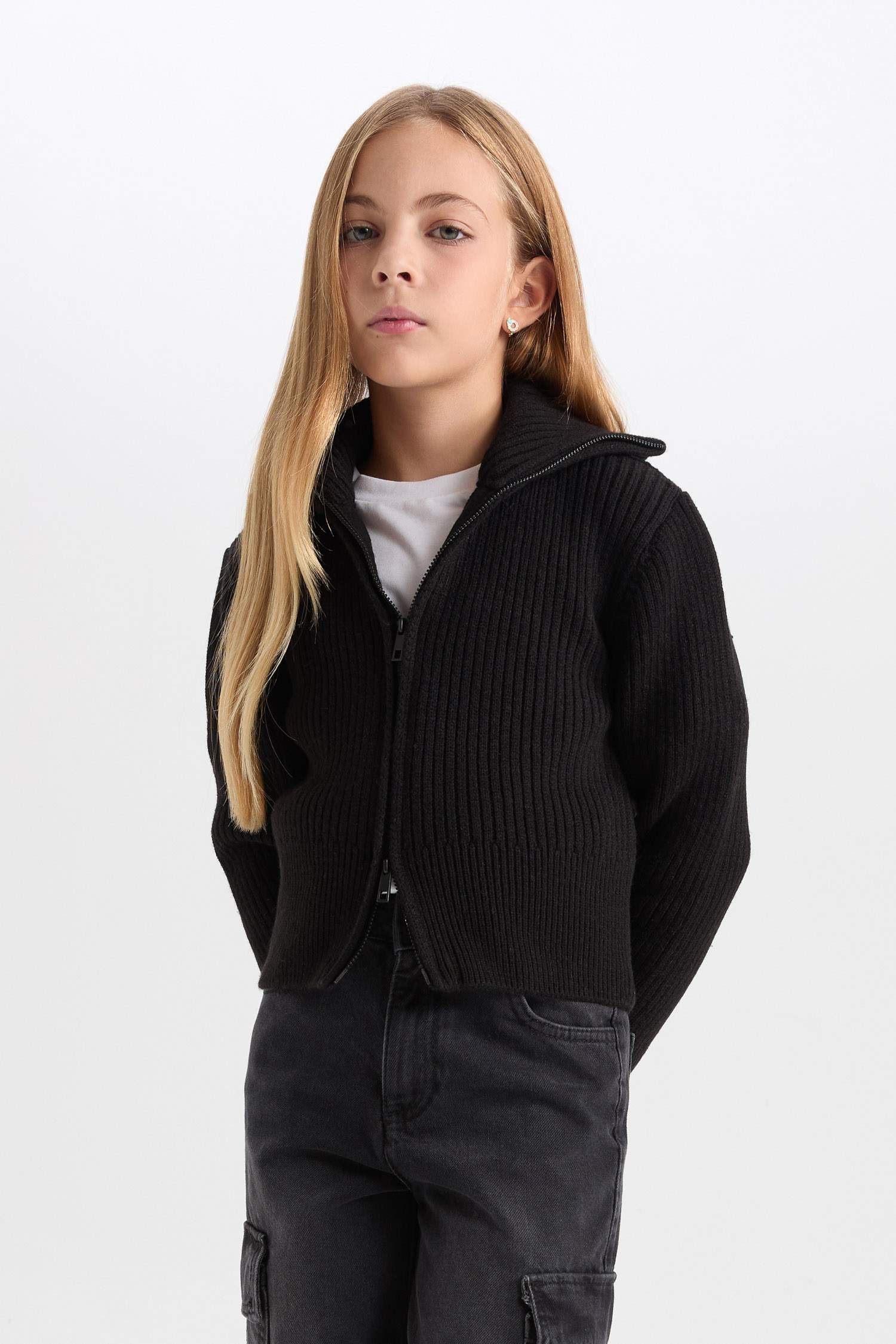 Kız Çocuk Basic Düz Dik Yaka Fermuarlı Siyah Triko Hırka