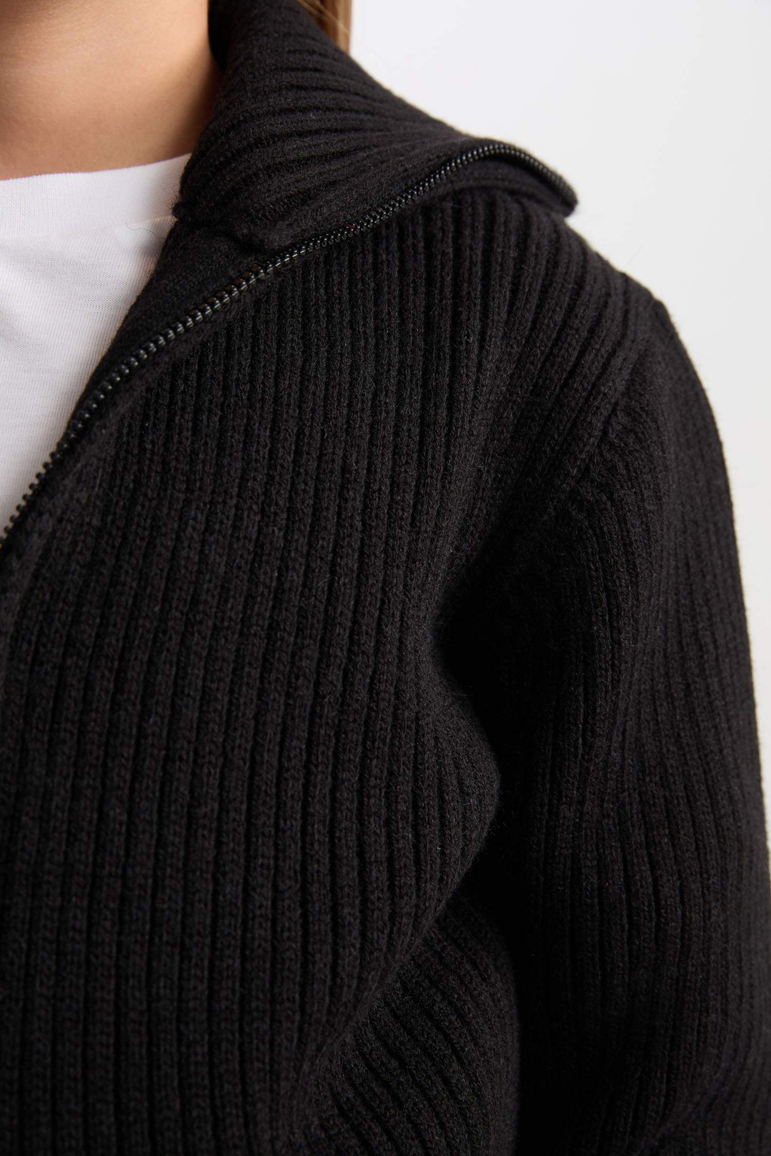 Kız Çocuk Basic Düz Dik Yaka Fermuarlı Siyah Triko Hırka