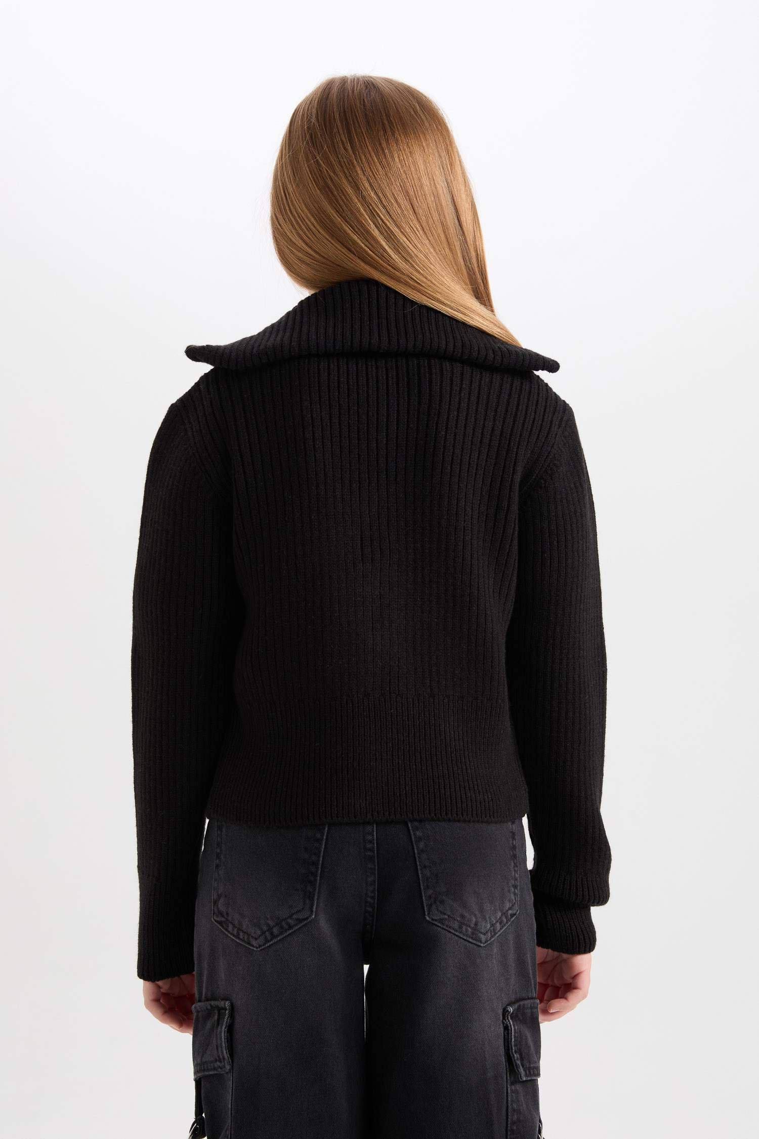 Kız Çocuk Basic Düz Dik Yaka Fermuarlı Siyah Triko Hırka