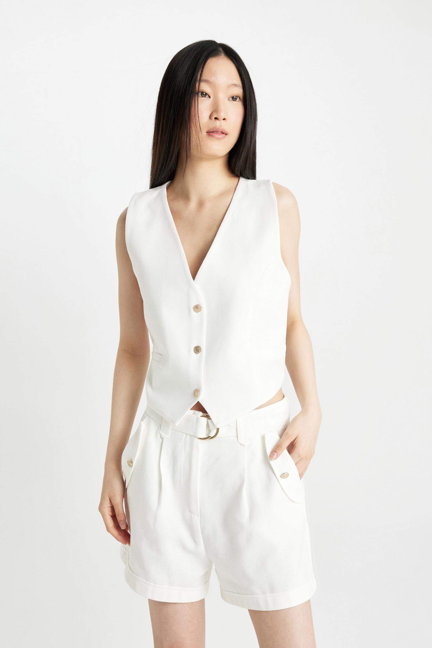 Relax Fit Yüksek Bel Crop Fit Keten Karışımlı Şort