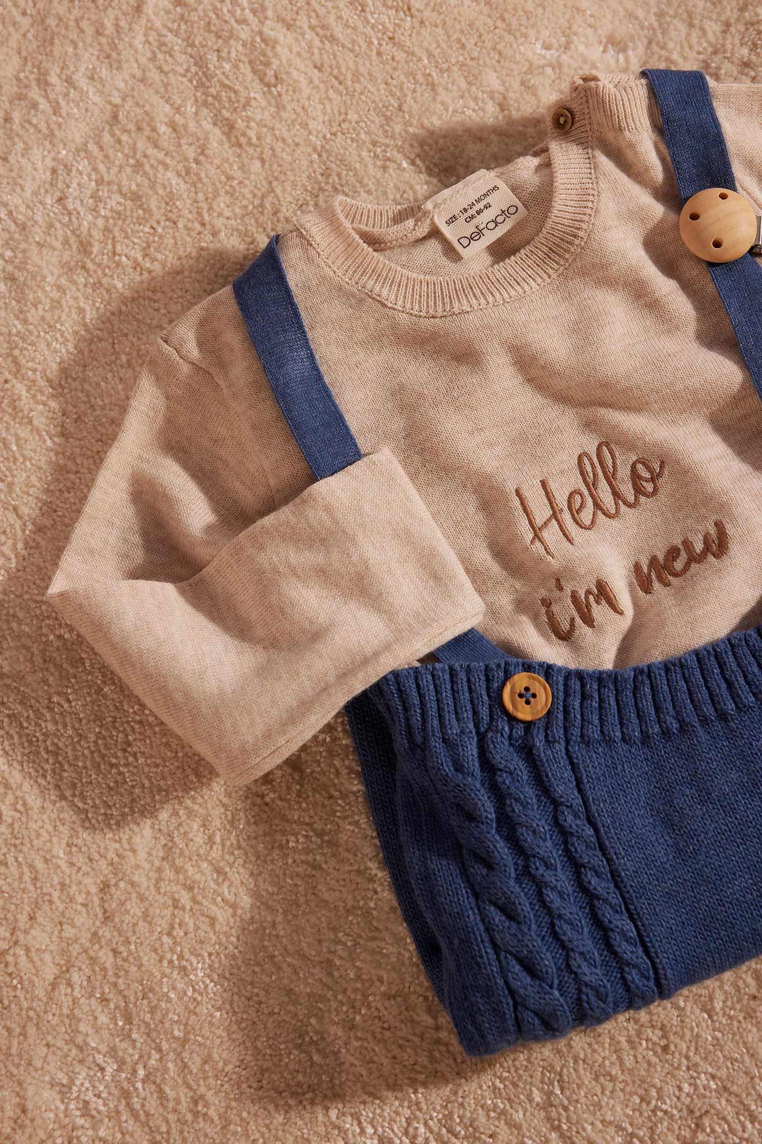 Erkek Bebek 2'li Takım Uzun Kollu Nakış Triko Kazak Ayarlanabilir Askılı Örgü Desenli Salopet