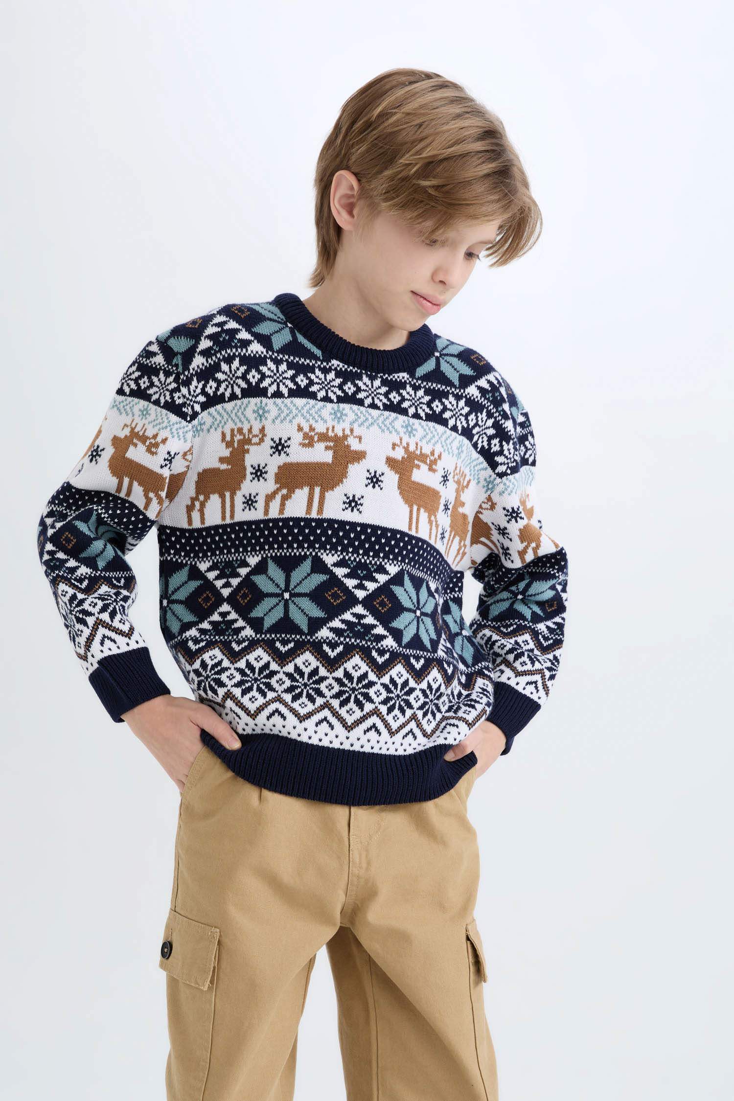 Erkek Çocuk Bisiklet Yaka Yılbaşı Temalı Triko Kazak