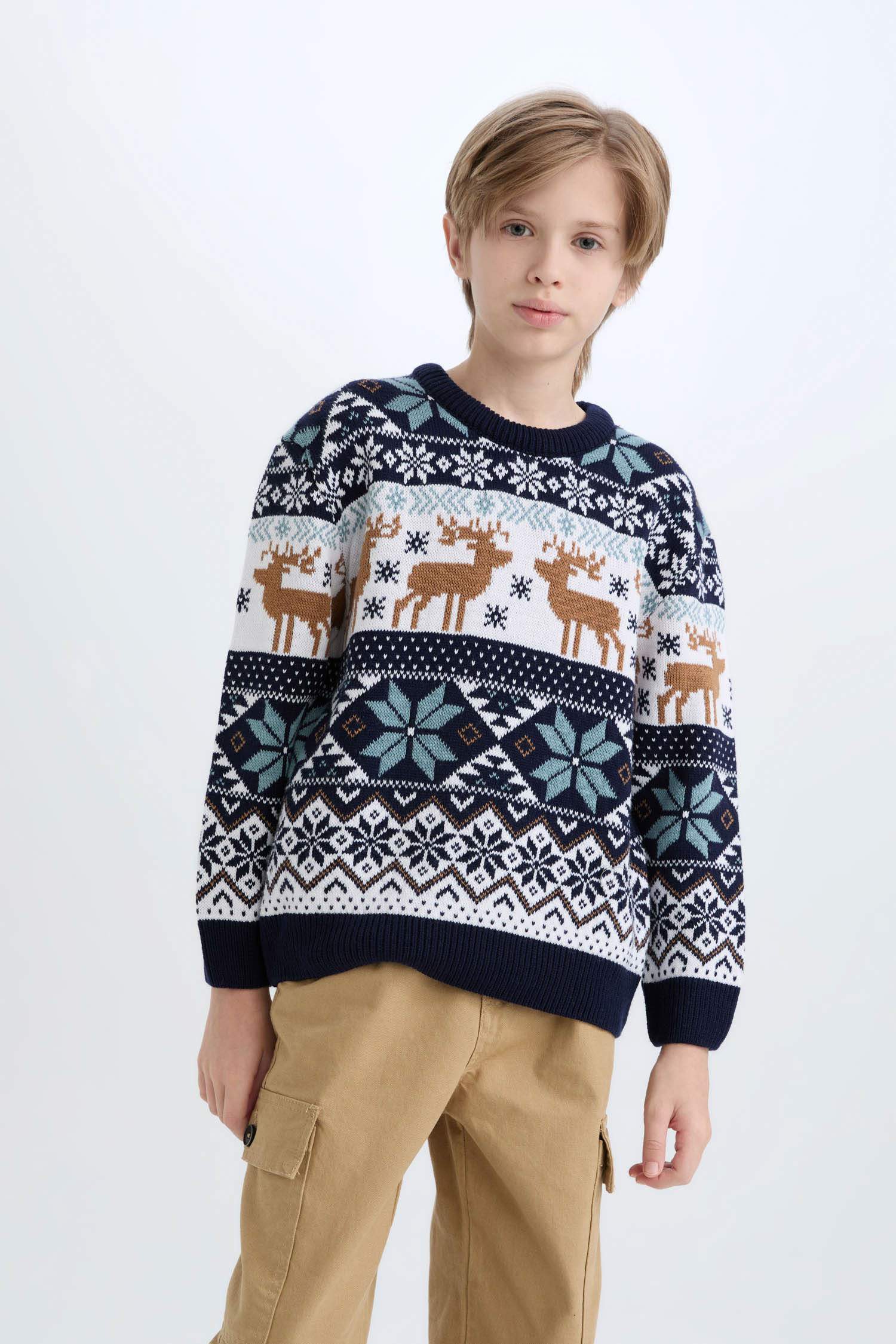 Erkek Çocuk Bisiklet Yaka Yılbaşı Temalı Triko Kazak