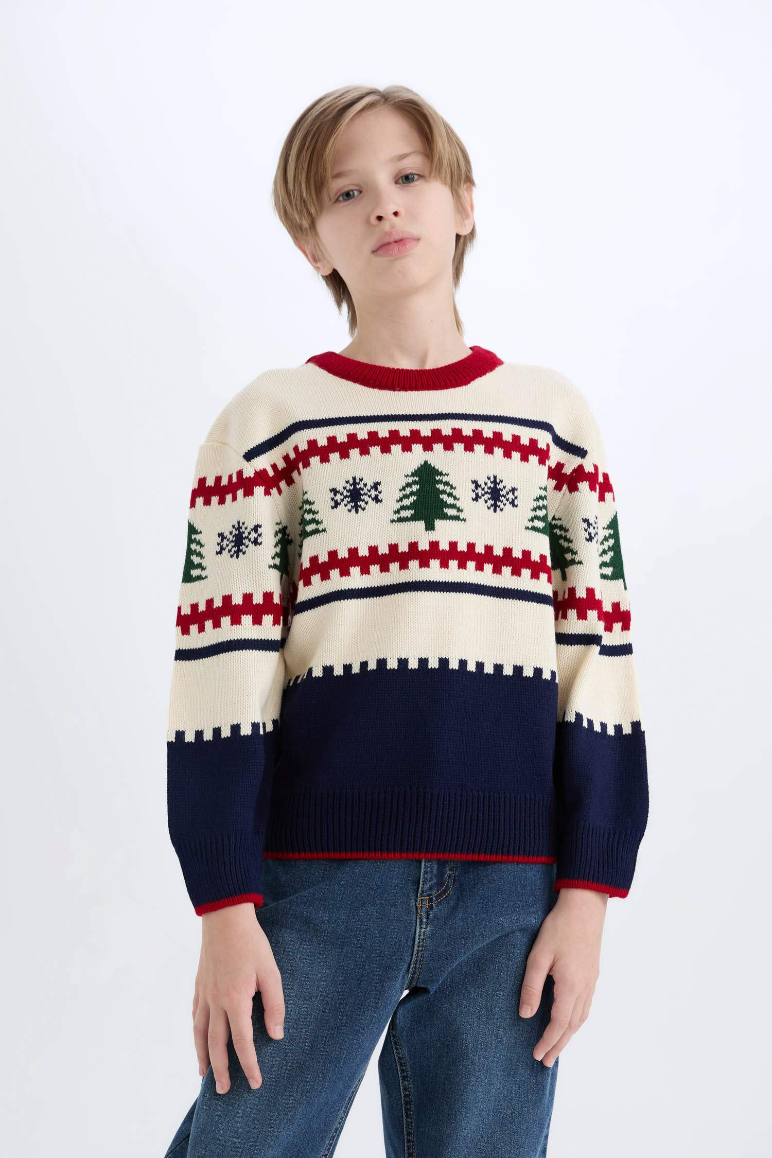 Erkek Çocuk Yılbaşı Temalı Bisiklet Yaka Triko Kazak