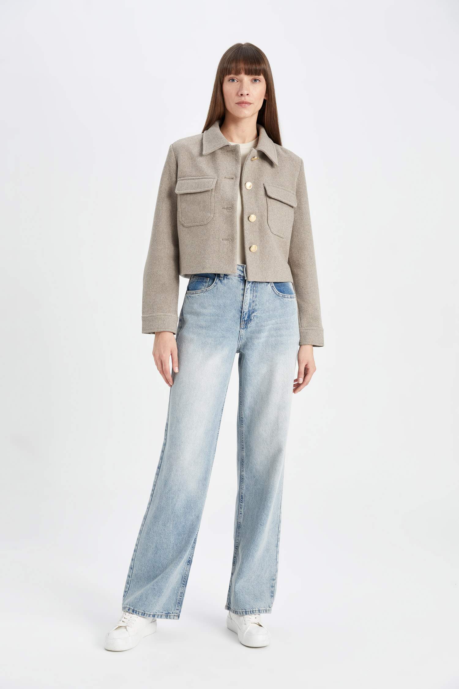 Kısa Kaşe Mont Regular Fit Polo Yaka Düğmeli Cepli Yünlü 