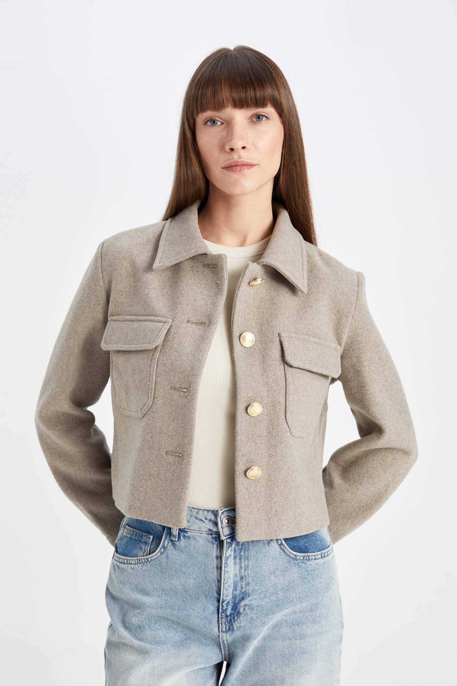 Kısa Kaşe Mont Regular Fit Polo Yaka Düğmeli Cepli Yünlü 