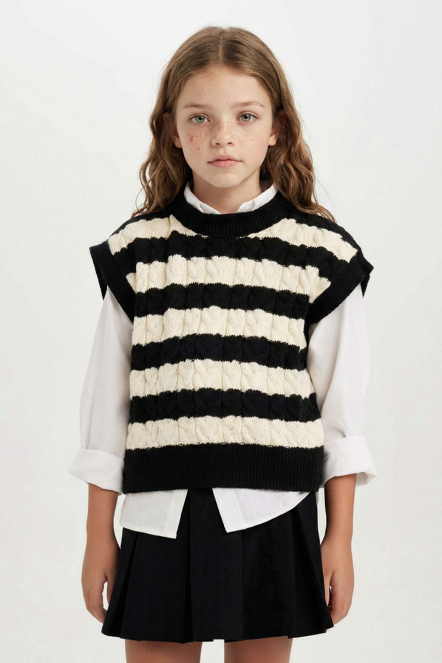Çizgili Bisiklet Yaka Örgü Desenli Triko Süveter Kız Çocuk
