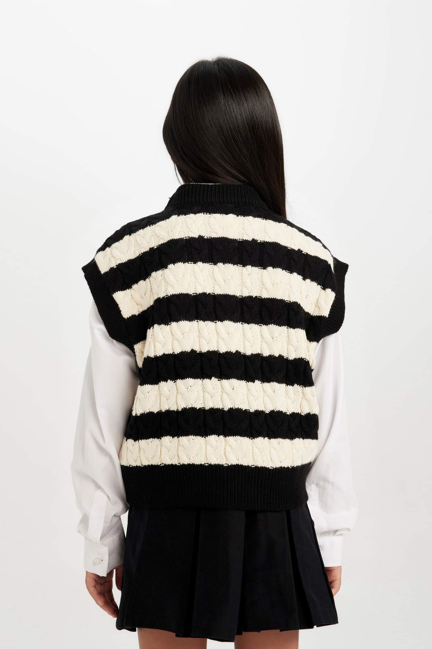 Kız Çocuk Çizgili Bisiklet Yaka Örgü Desenli Triko Süveter