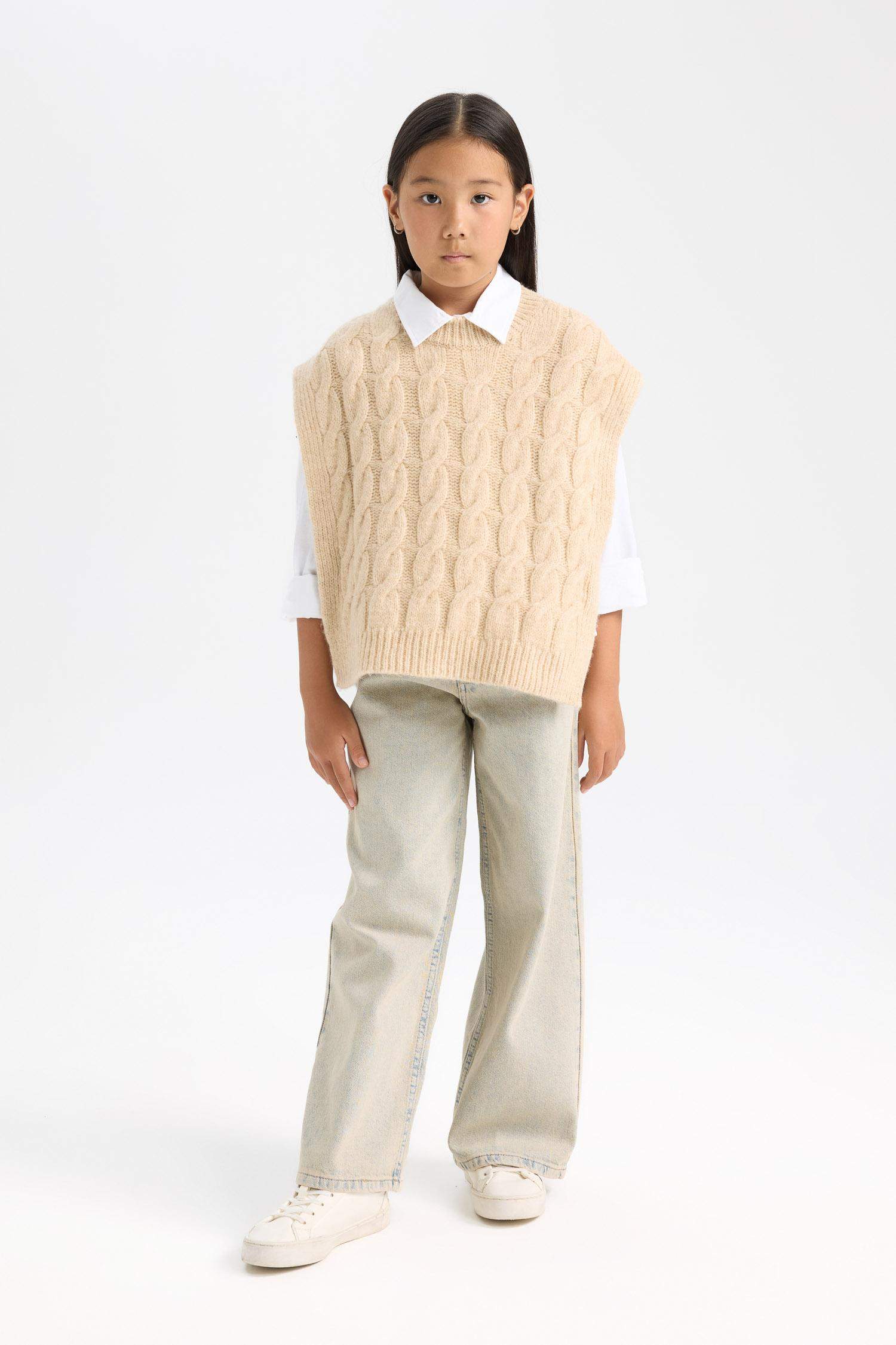 Kız Çocuk Bisiklet Yaka Saç Örgüsü Desenli Triko Süveter