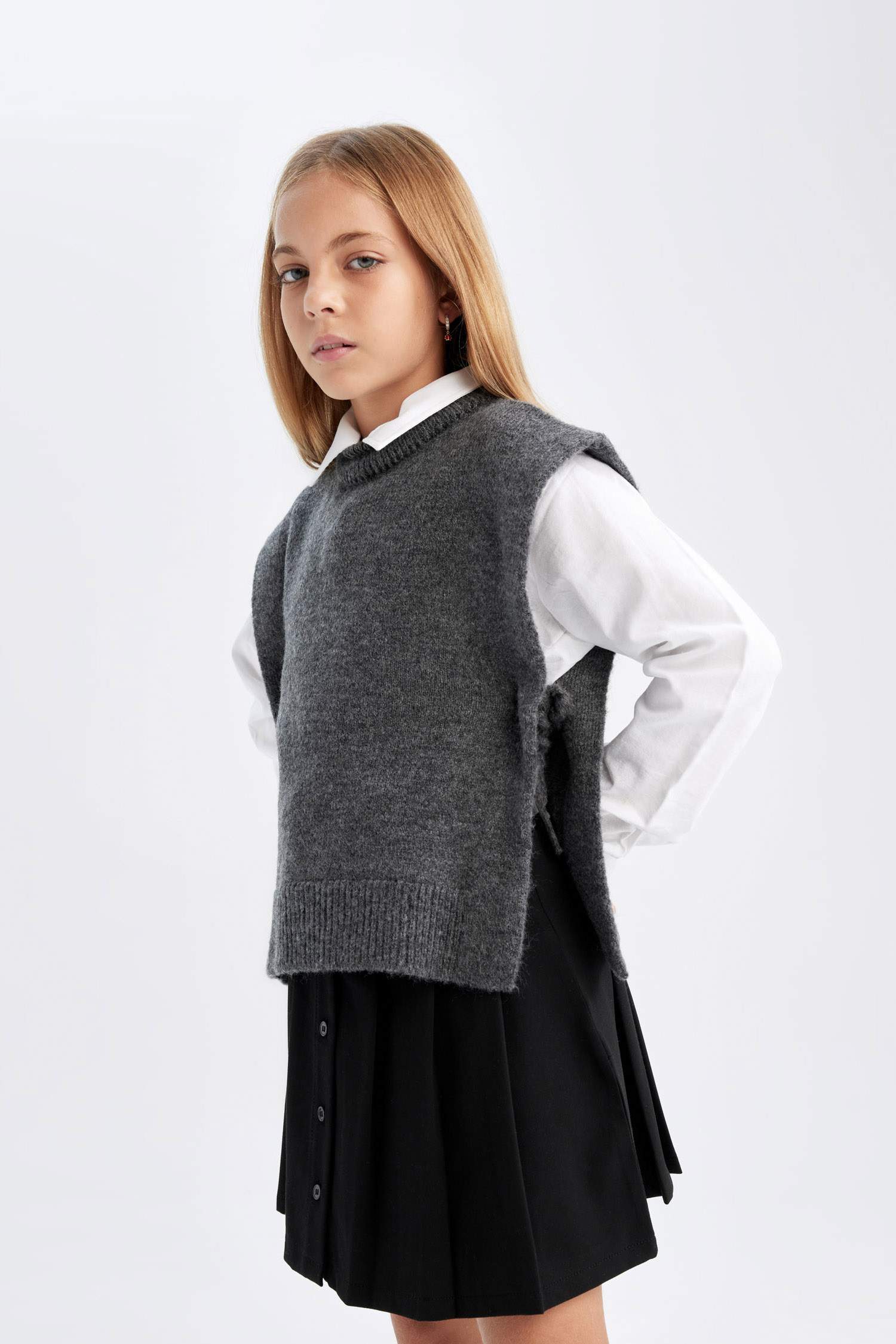 Kız Çocuk Bisiklet Yaka Düz Triko Süveter