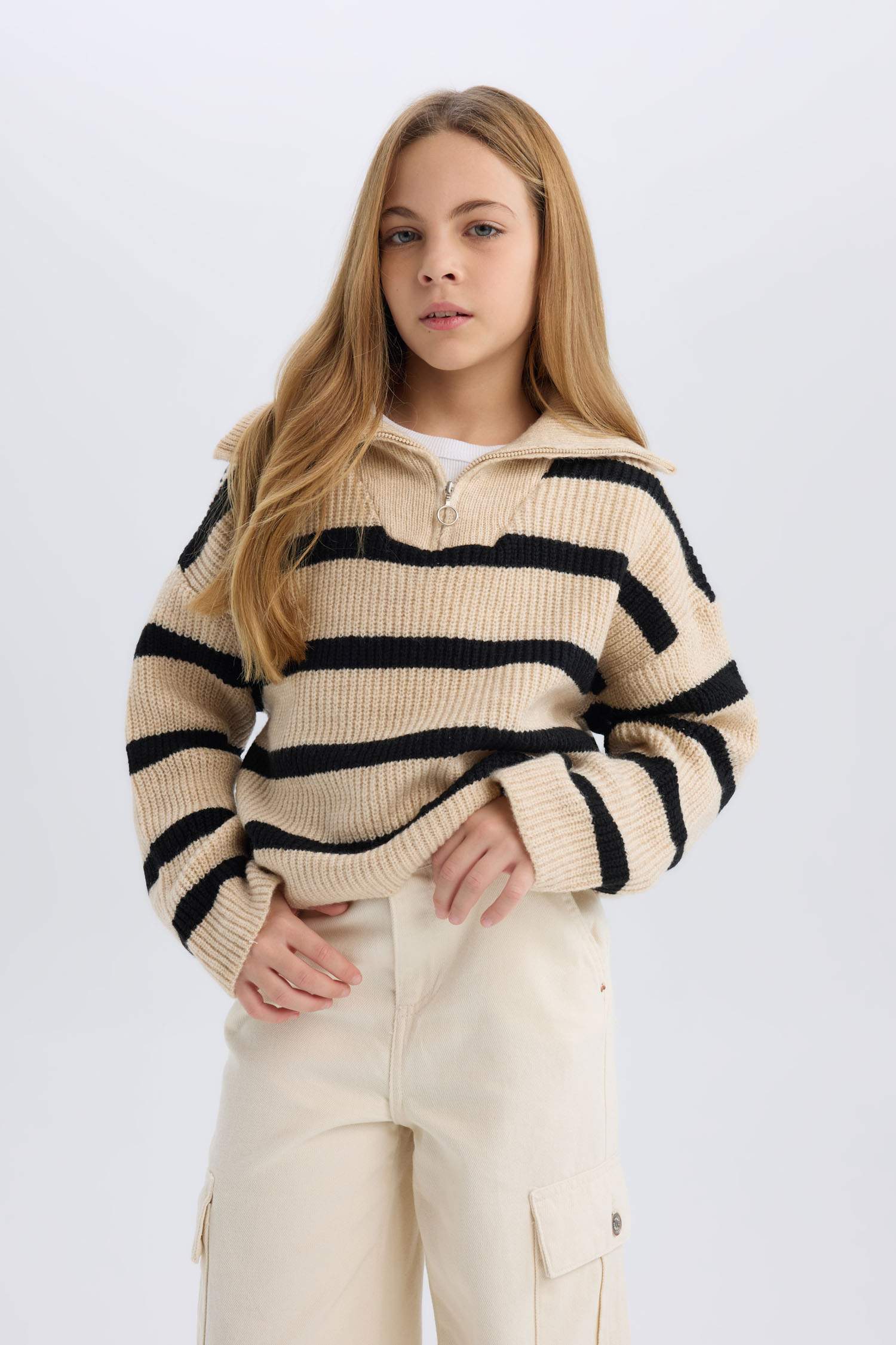 Pull en Tricot rayé à col montant zippé pour Fille