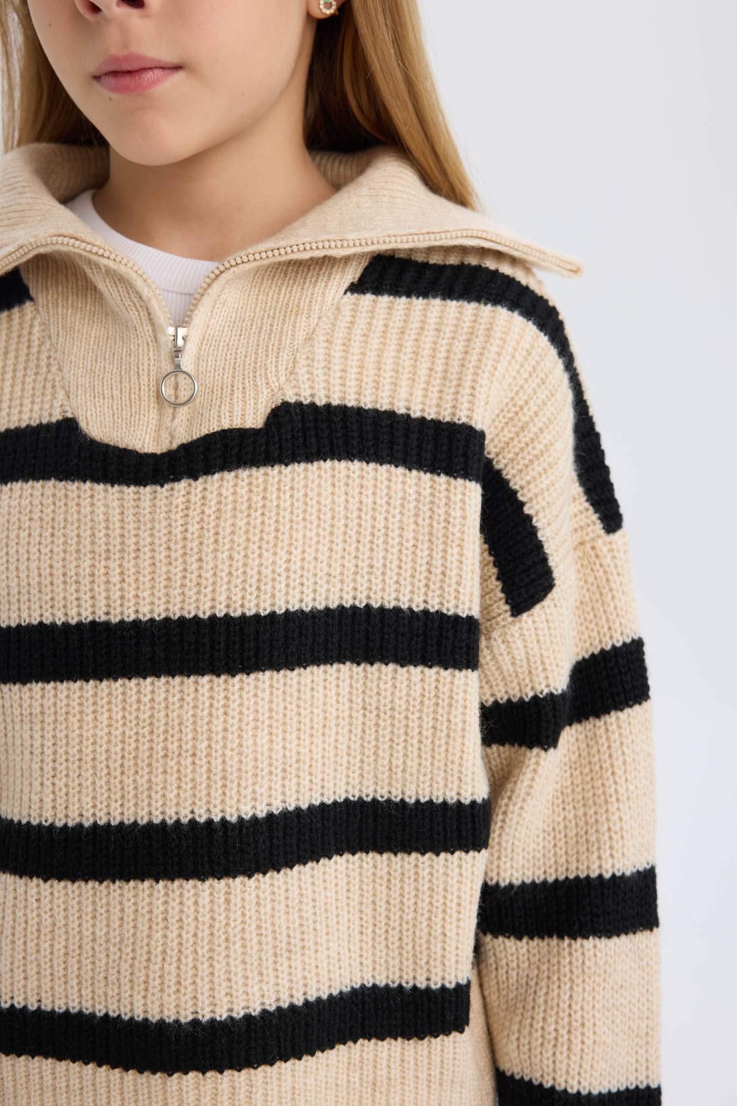 Pull en Tricot rayé à col montant zippé pour Fille