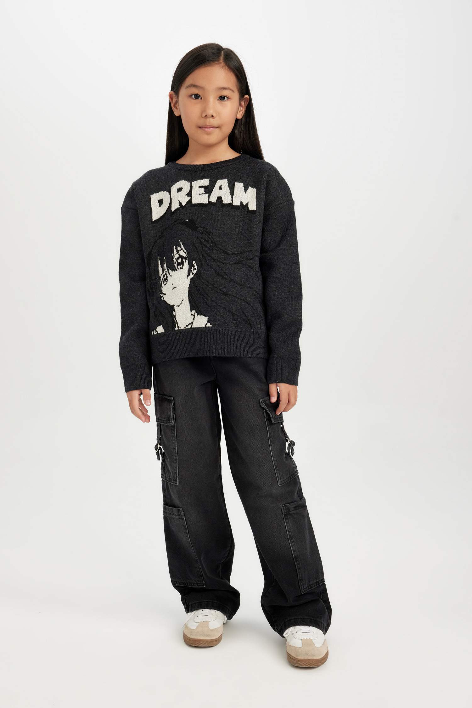 Kız Çocuk Bisiklet Yaka Baskılı Triko Kazak