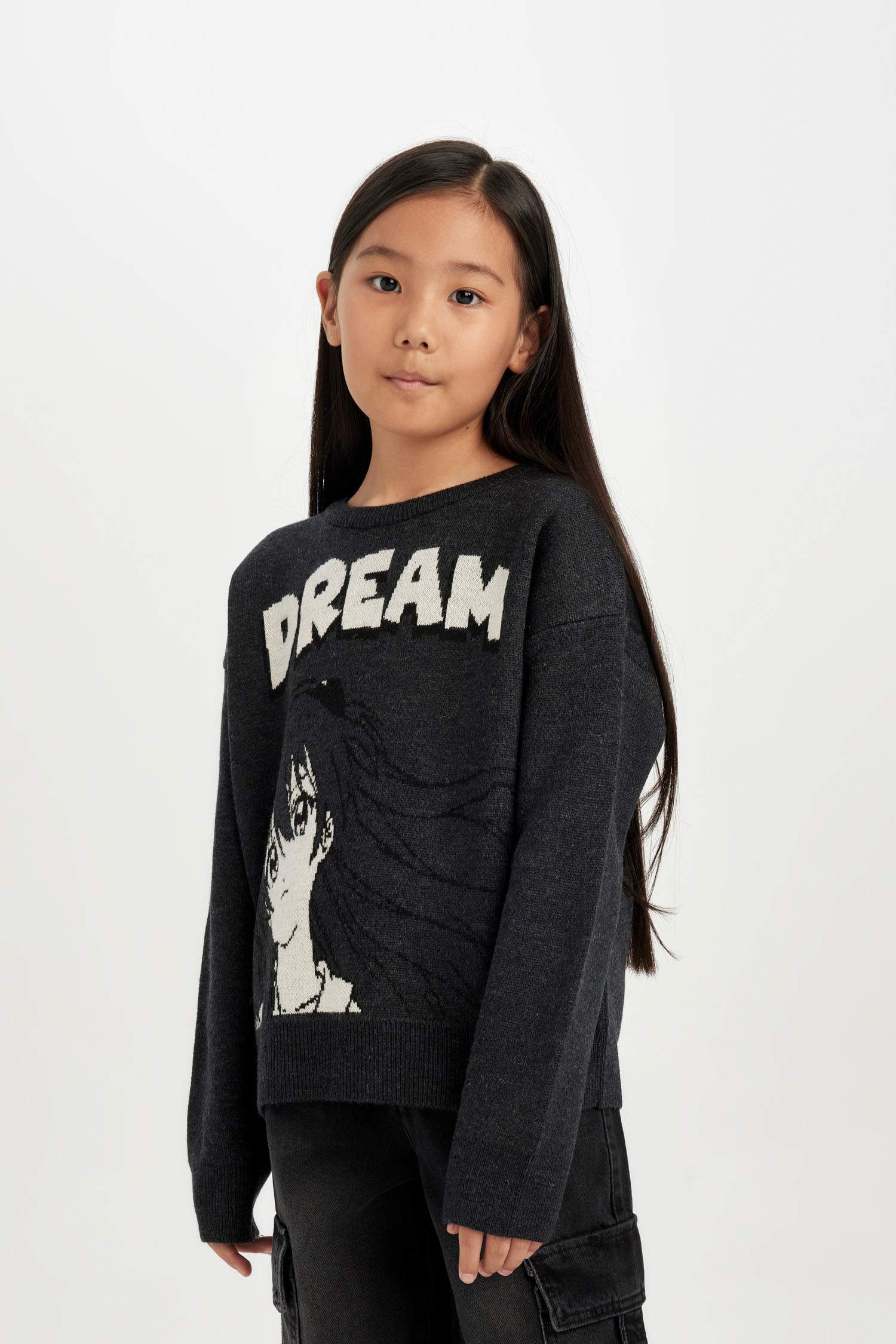 Kız Çocuk Bisiklet Yaka Baskılı Triko Kazak