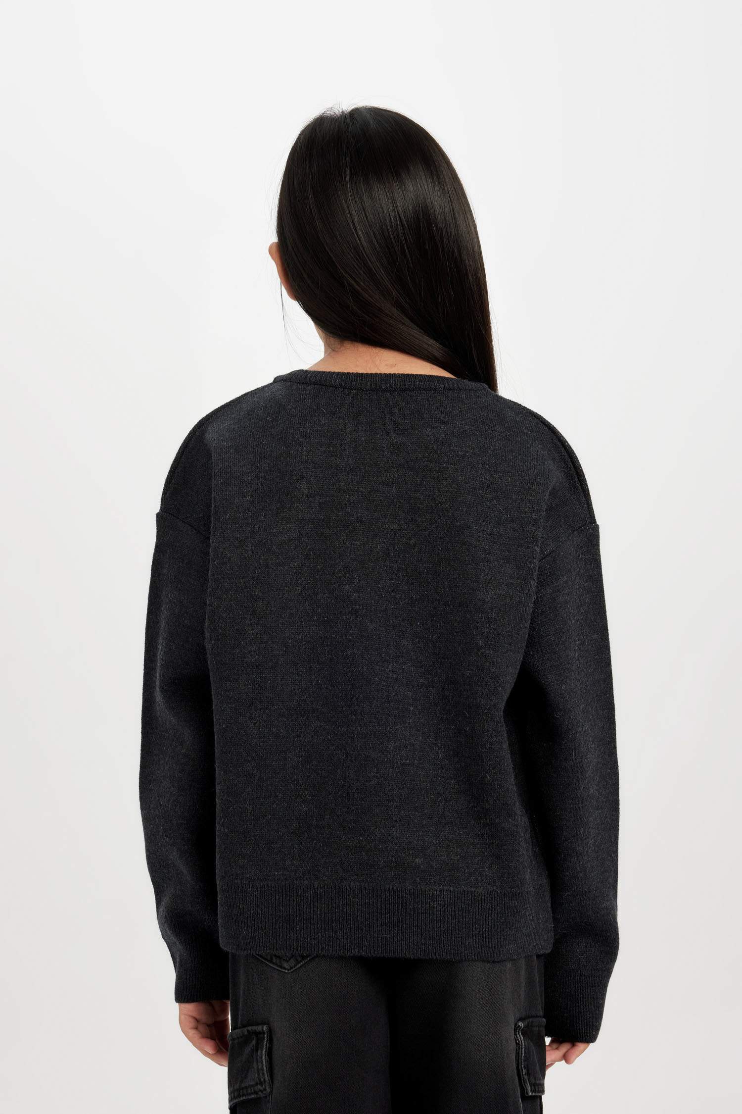 Kız Çocuk Bisiklet Yaka Baskılı Triko Kazak